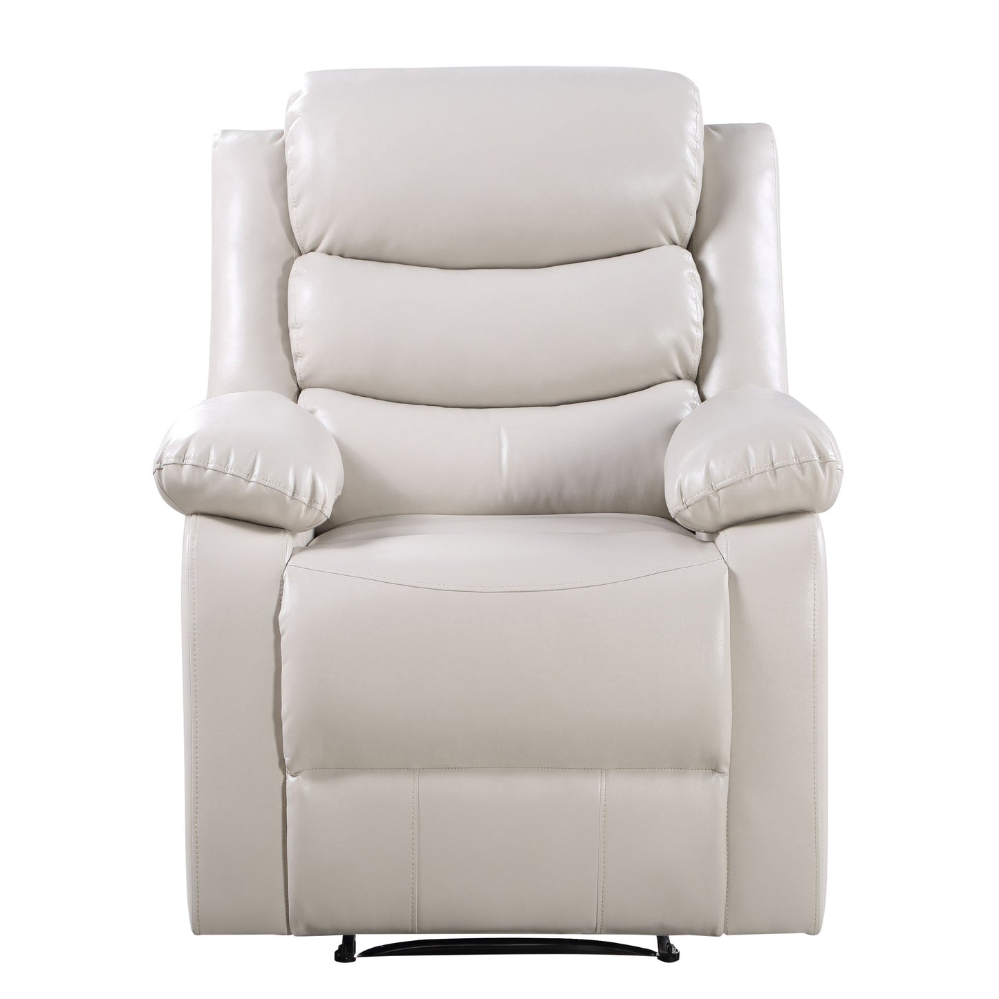 Comfortable beige leather recliner chair with padded armrests and headrest