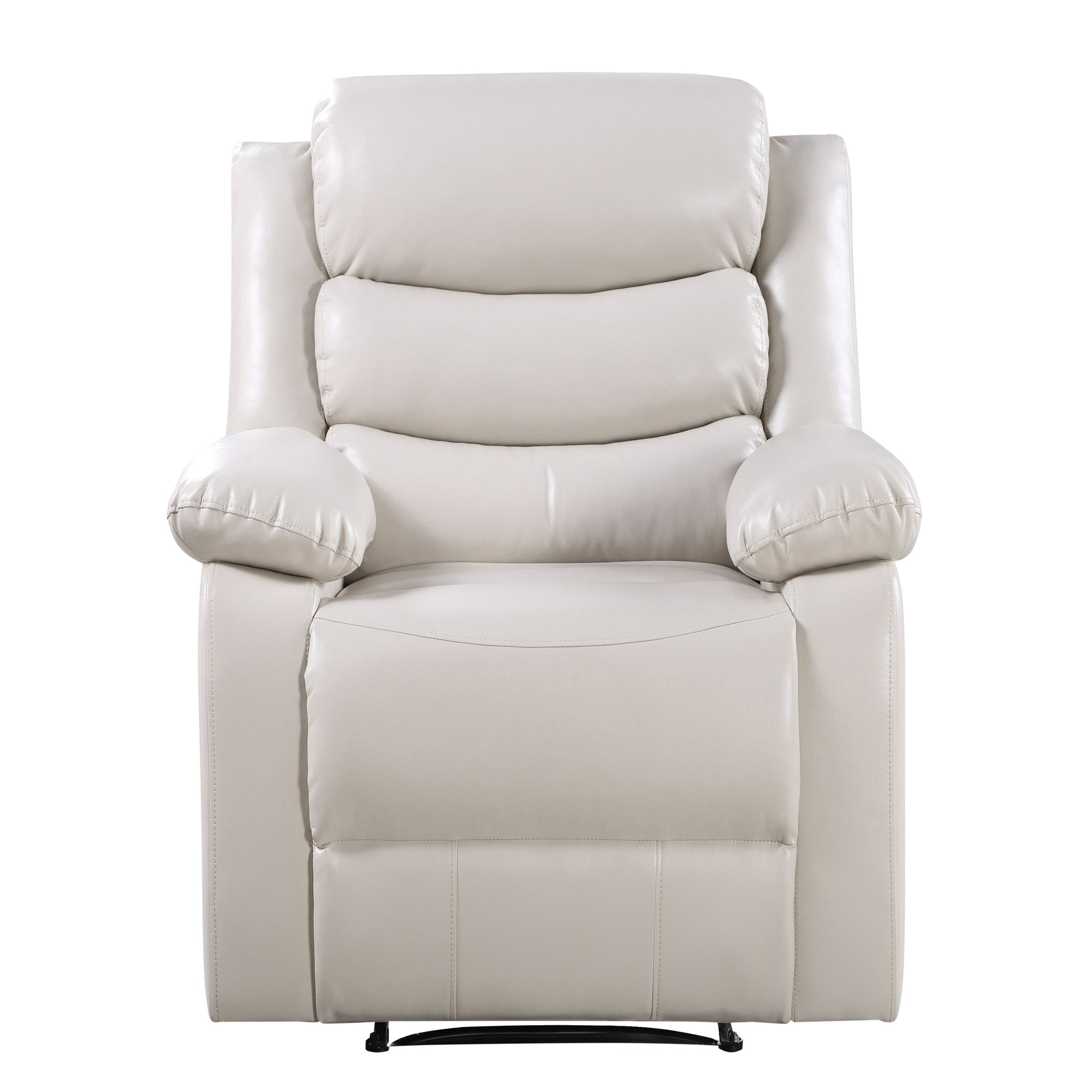 Comfortable beige leather recliner chair with padded armrests and headrest