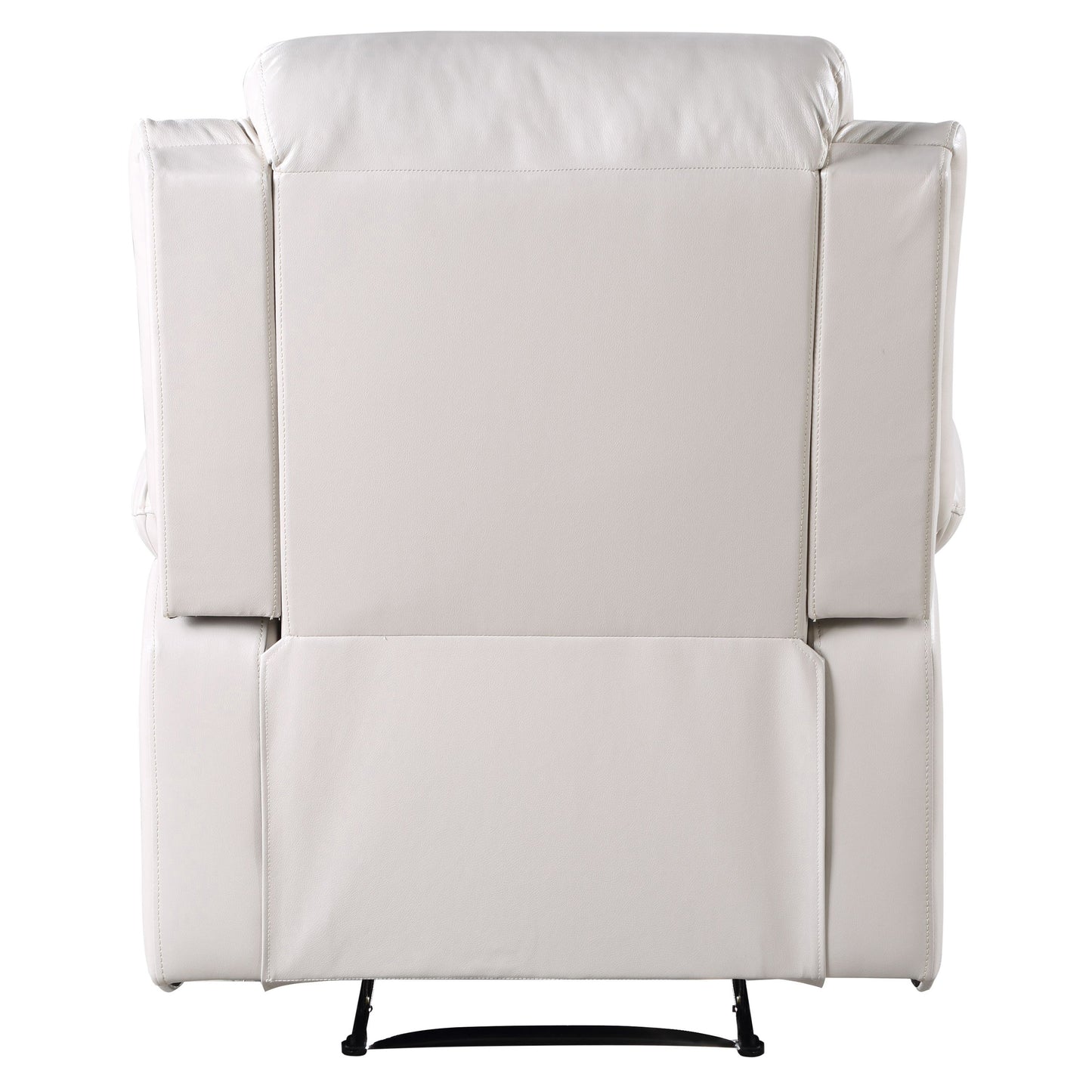 Rear view of a white leather recliner chair with plush cushioning and precise stitching detail