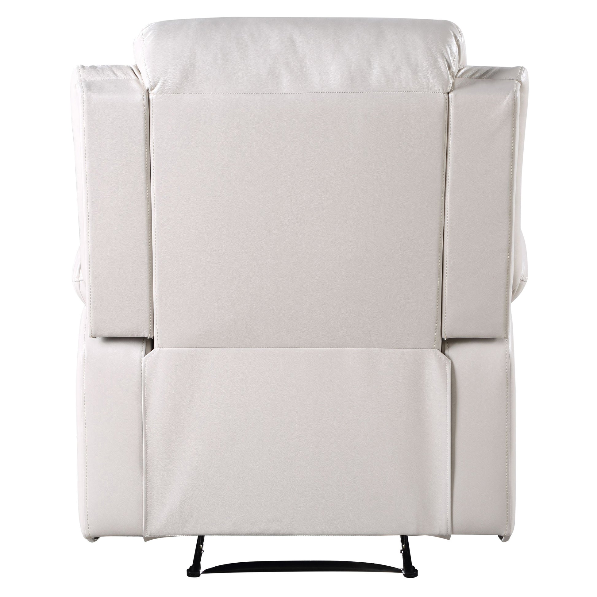 Rear view of a white leather recliner chair with plush cushioning and precise stitching detail