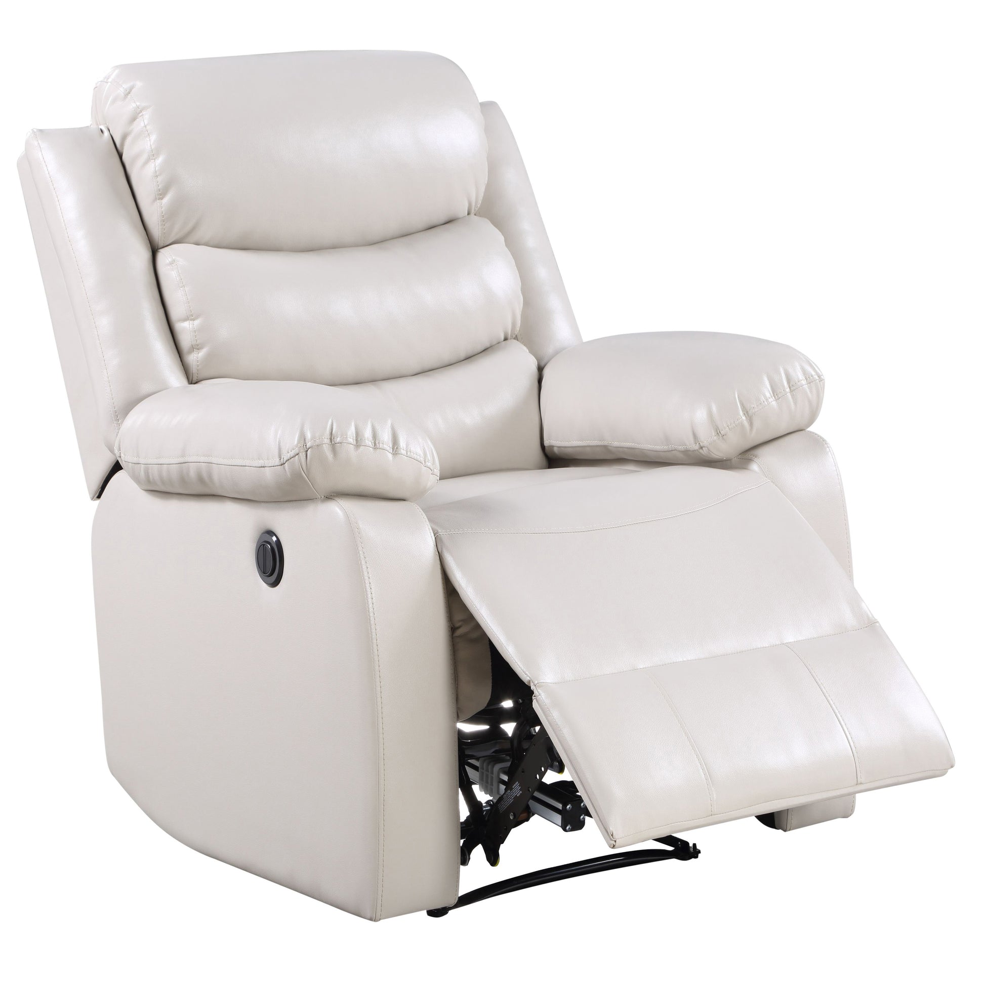 Cream leather recliner chair with padded armrests and footrest extended