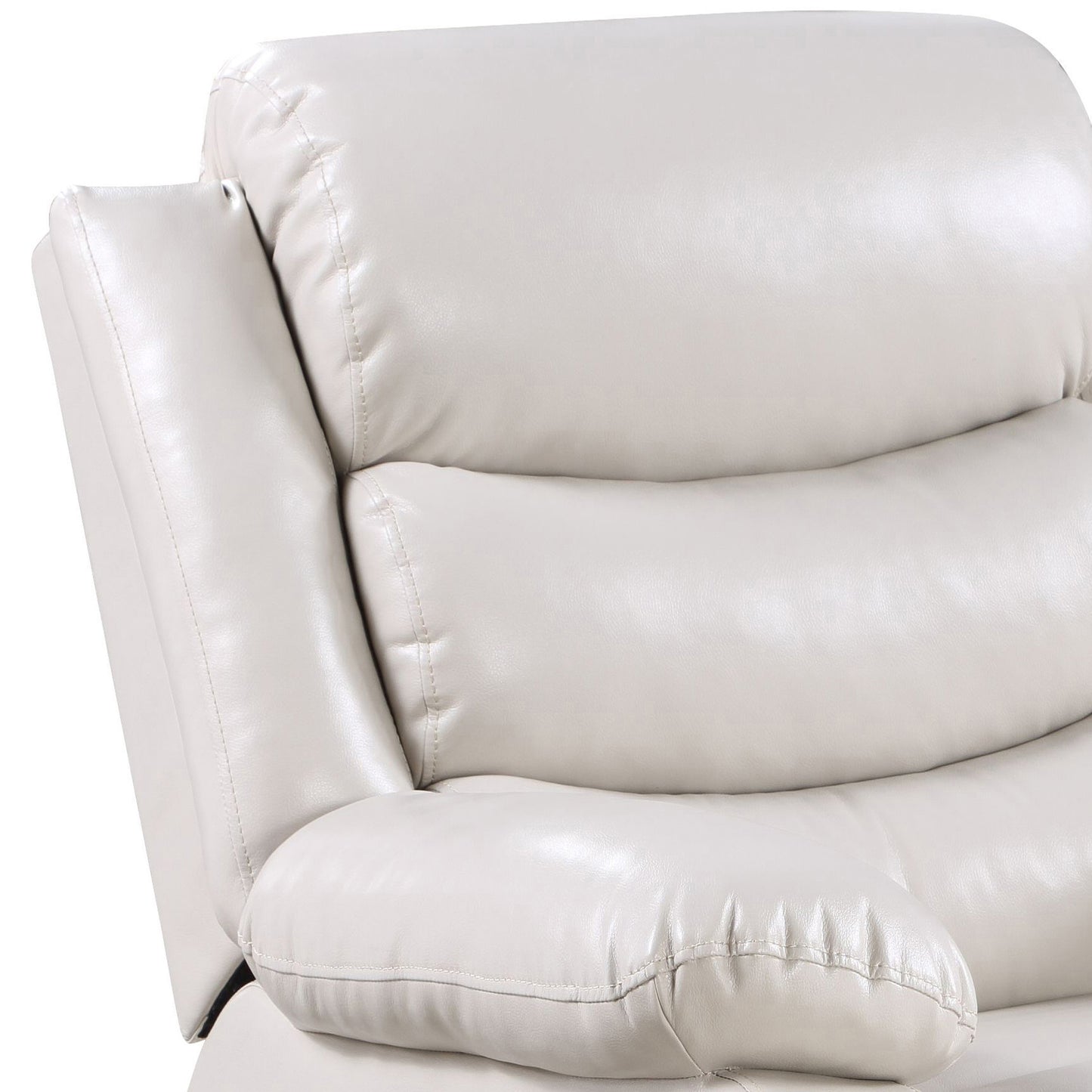 Closeup of plush white leather recliner cushioning and armrest detail