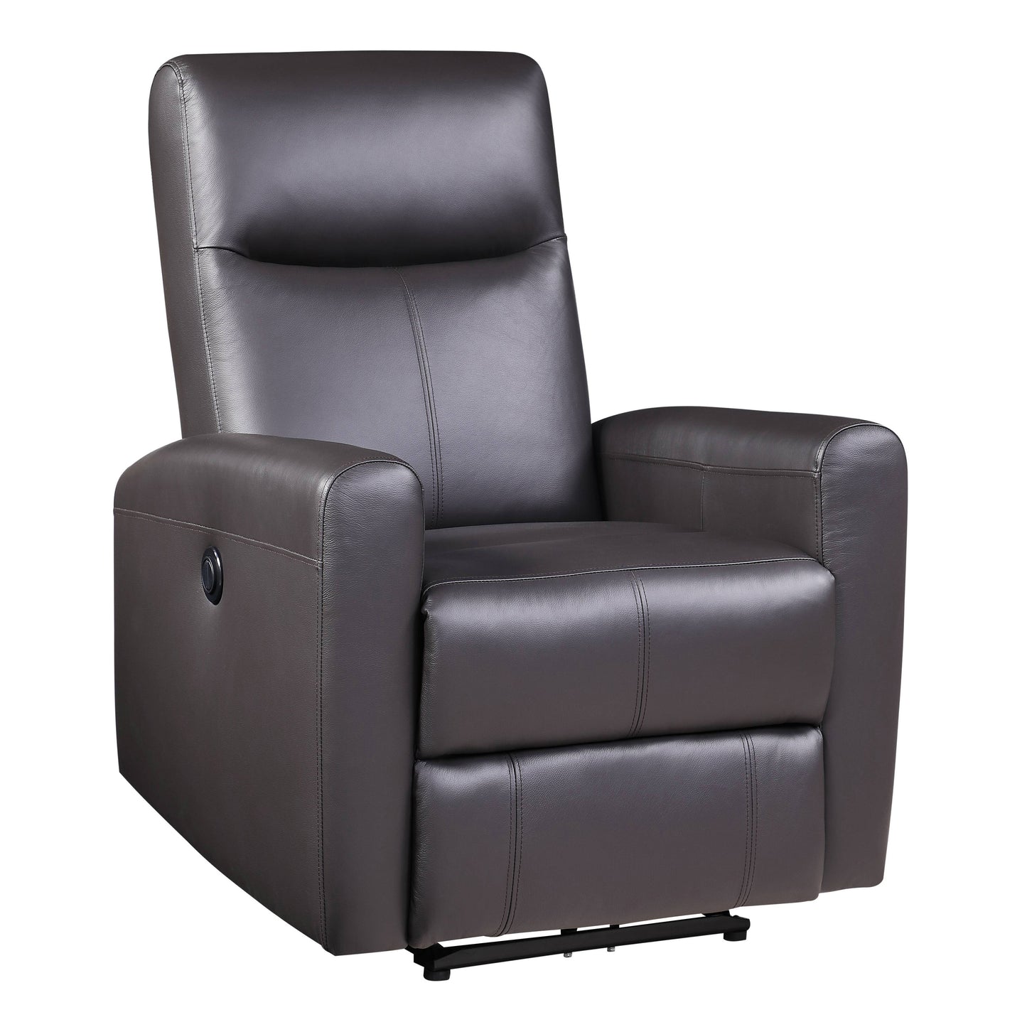 Brown leather power recliner with USB port for comfortable living room relaxation