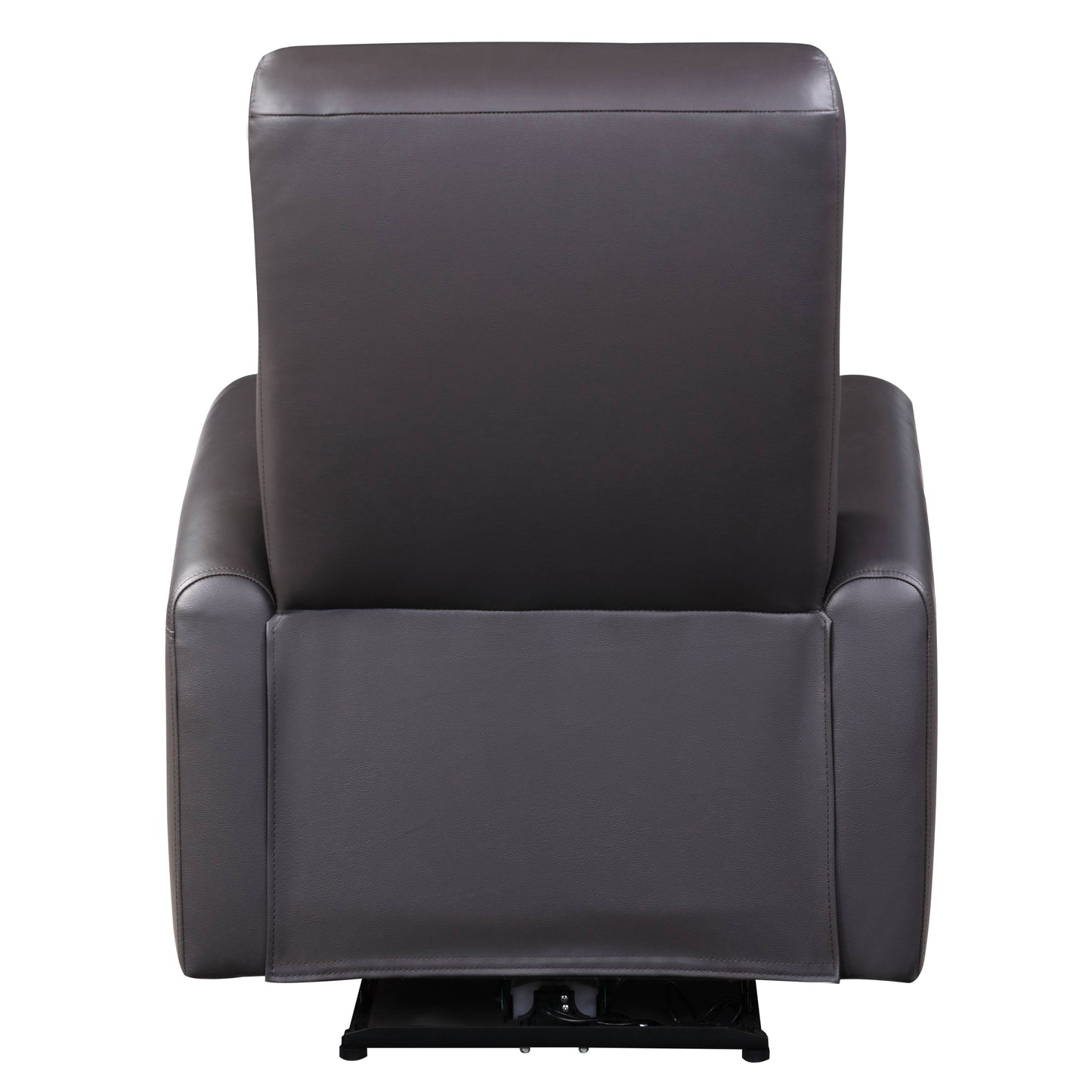 Back view of a brown faux leather recliner chair with plush cushioning and sturdy base