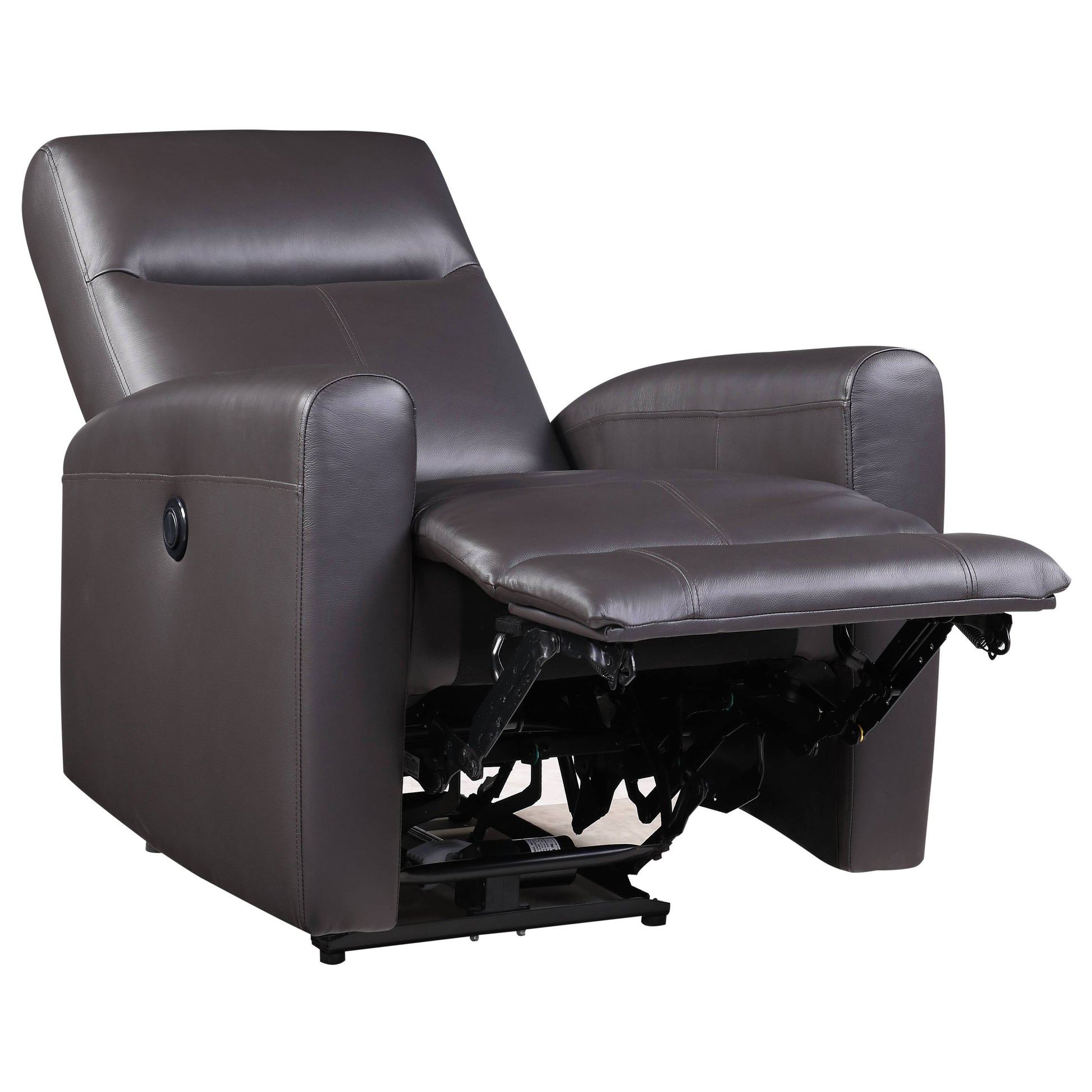 Dark brown faux leather power recliner with extended footrest and lumbar support