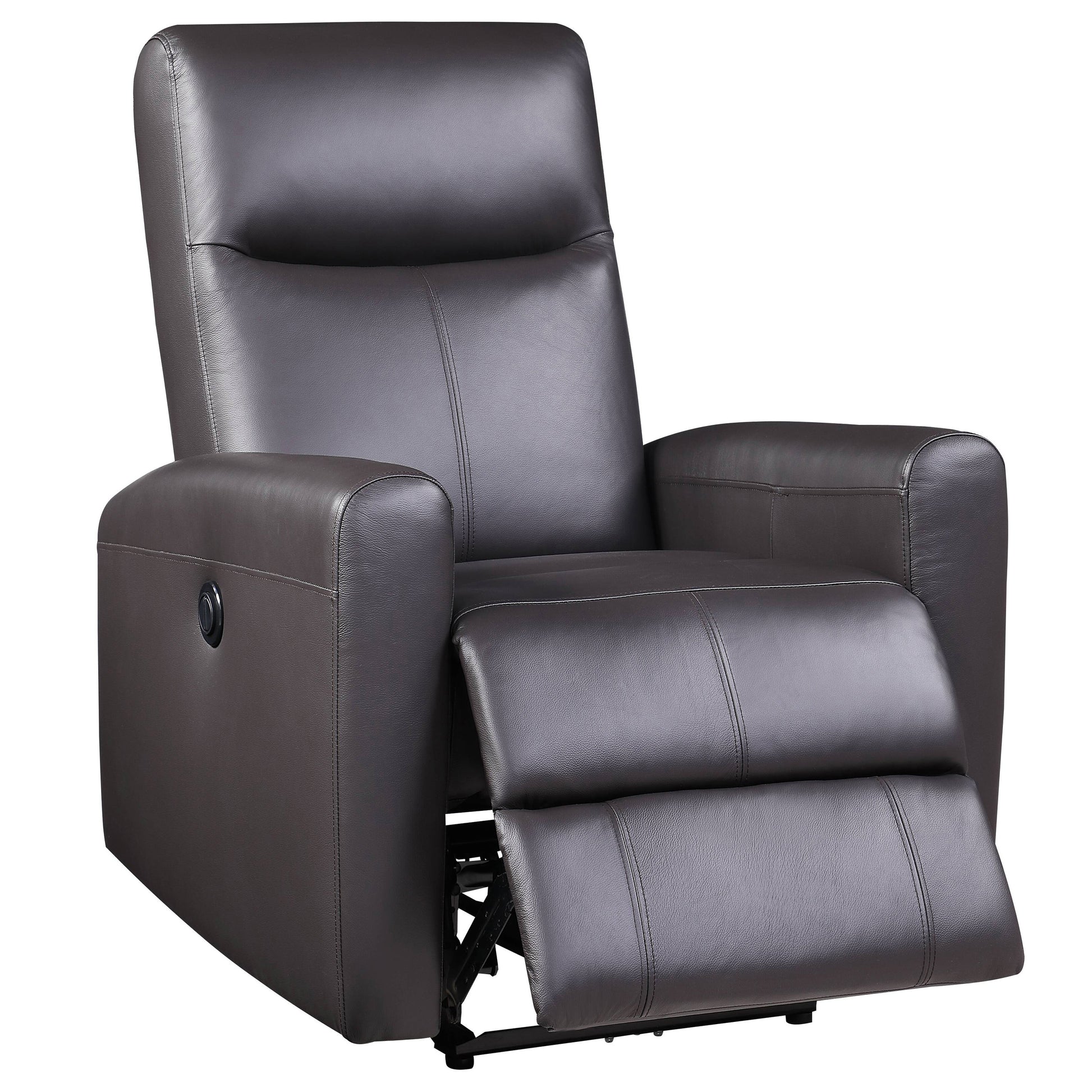 Brown leather recliner chair with reclining footrest and adjustable seat