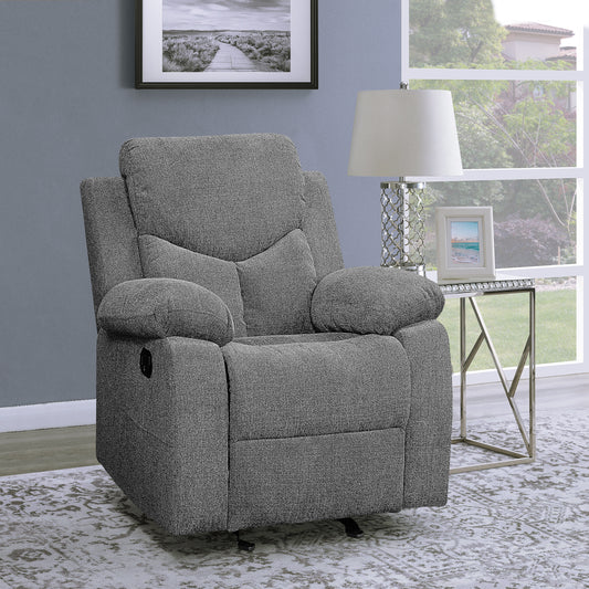 Comfortable gray fabric recliner with padded arms and headrest for relaxation