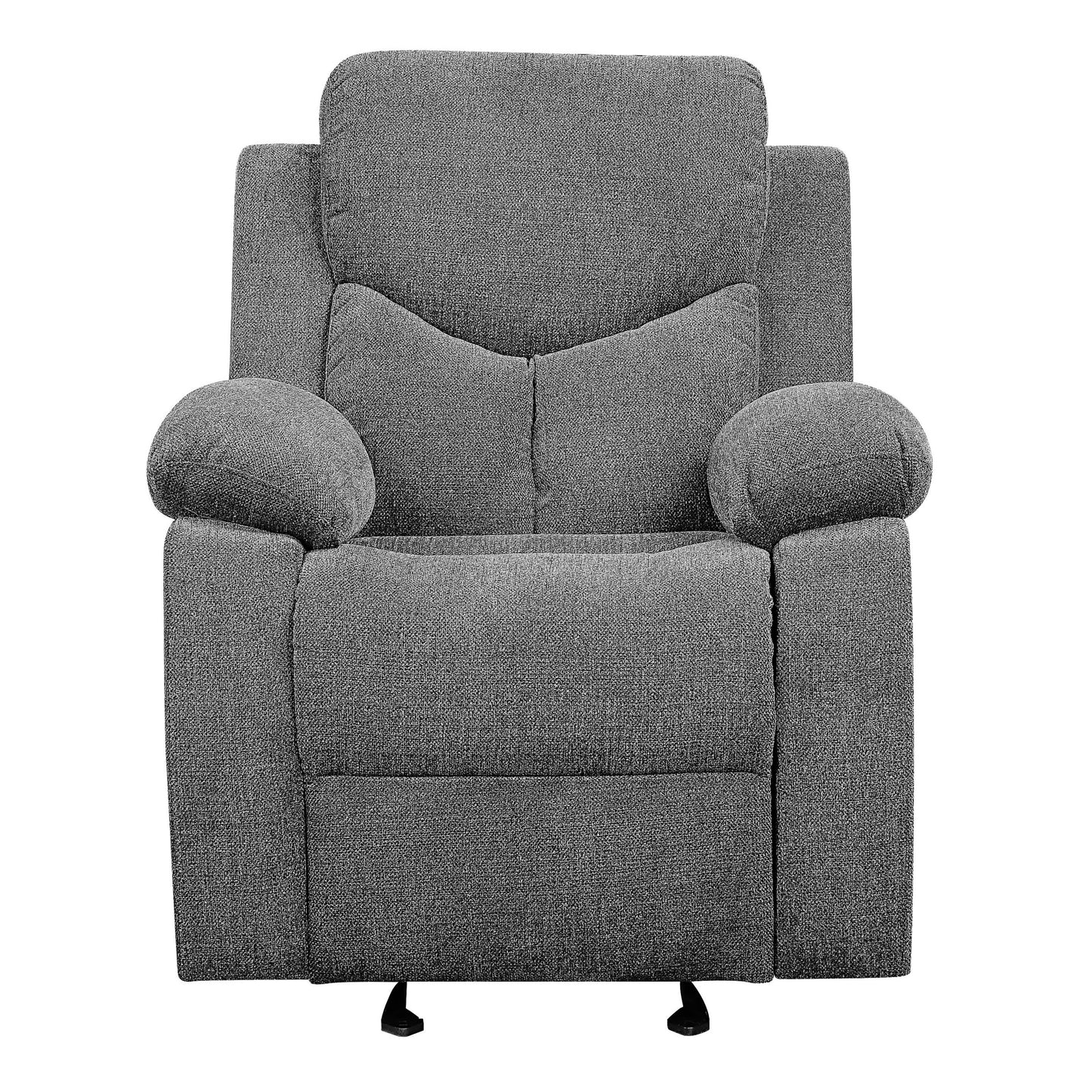 Charcoal grey fabric recliner chair with padded armrests and headrest