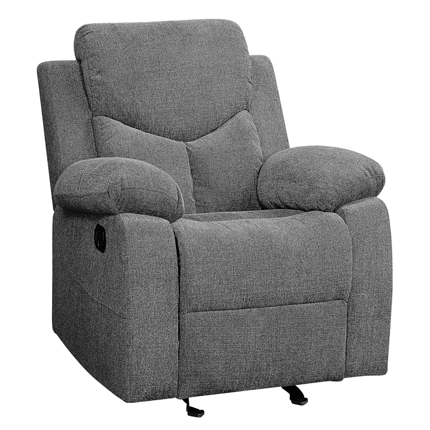 Comfortable gray fabric recliner chair with plush cushioning and manual lever for relaxation