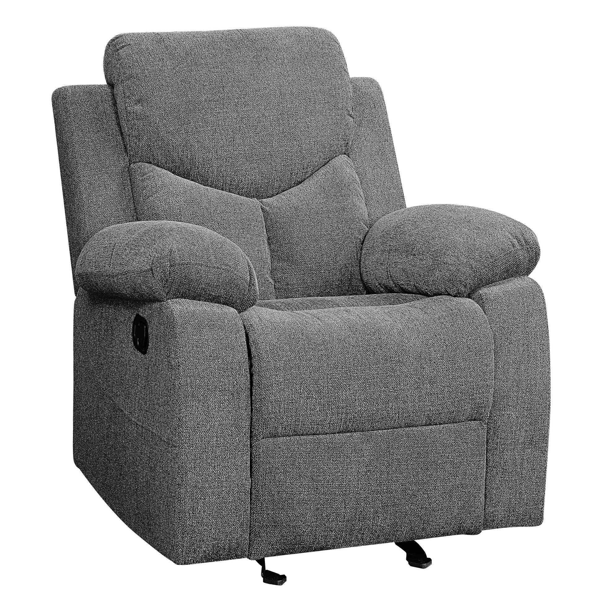 Comfortable gray fabric recliner chair with plush cushioning and manual lever for relaxation