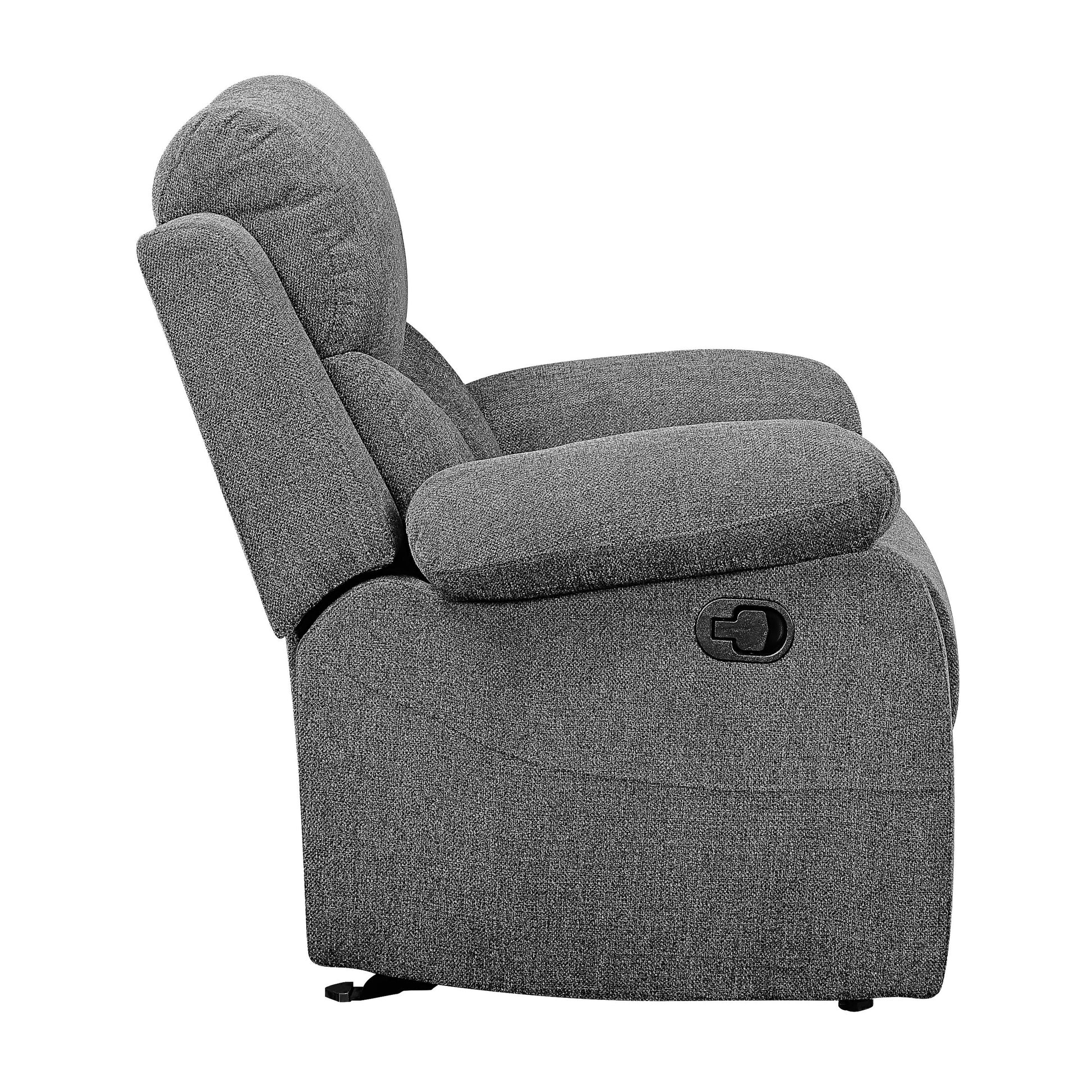 Gray fabric recliner chair in a relaxed reclining position ideal for living rooms