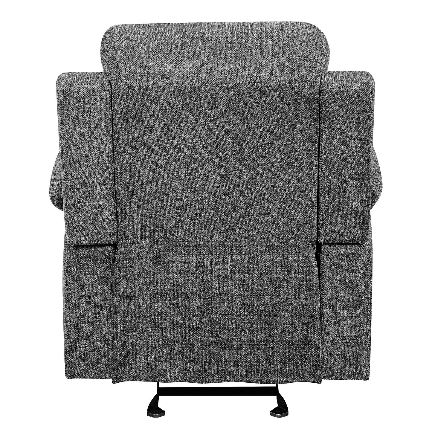 Back view of a grey fabric recliner chair with textured upholstery