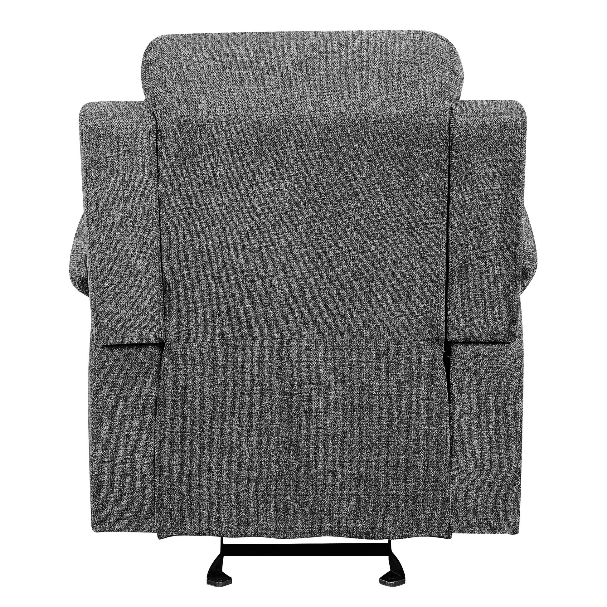 Back view of a grey fabric recliner chair with textured upholstery