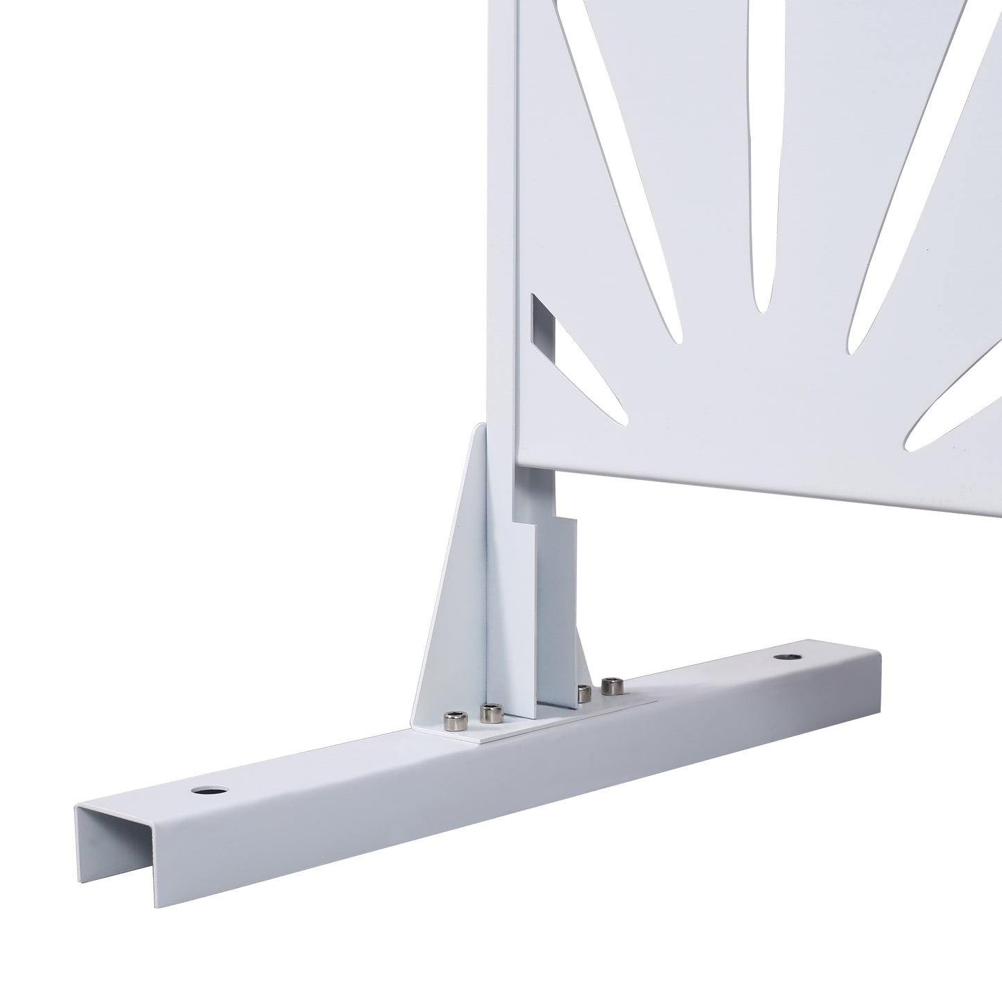 White decorative metal panel with sunburst cutouts and a sturdy base mount