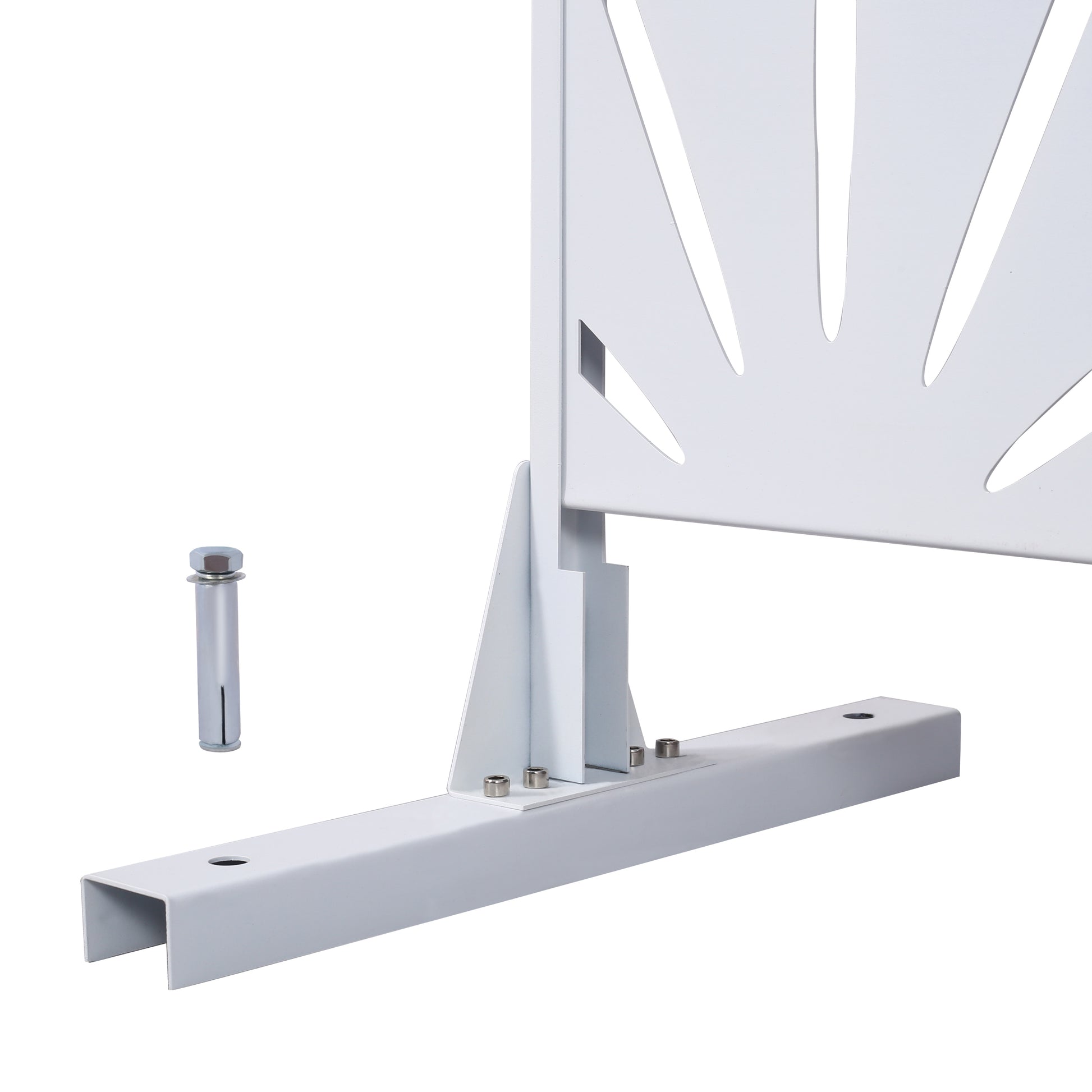 White metal fence post base with decorative sunburst cutouts and anchor bolt