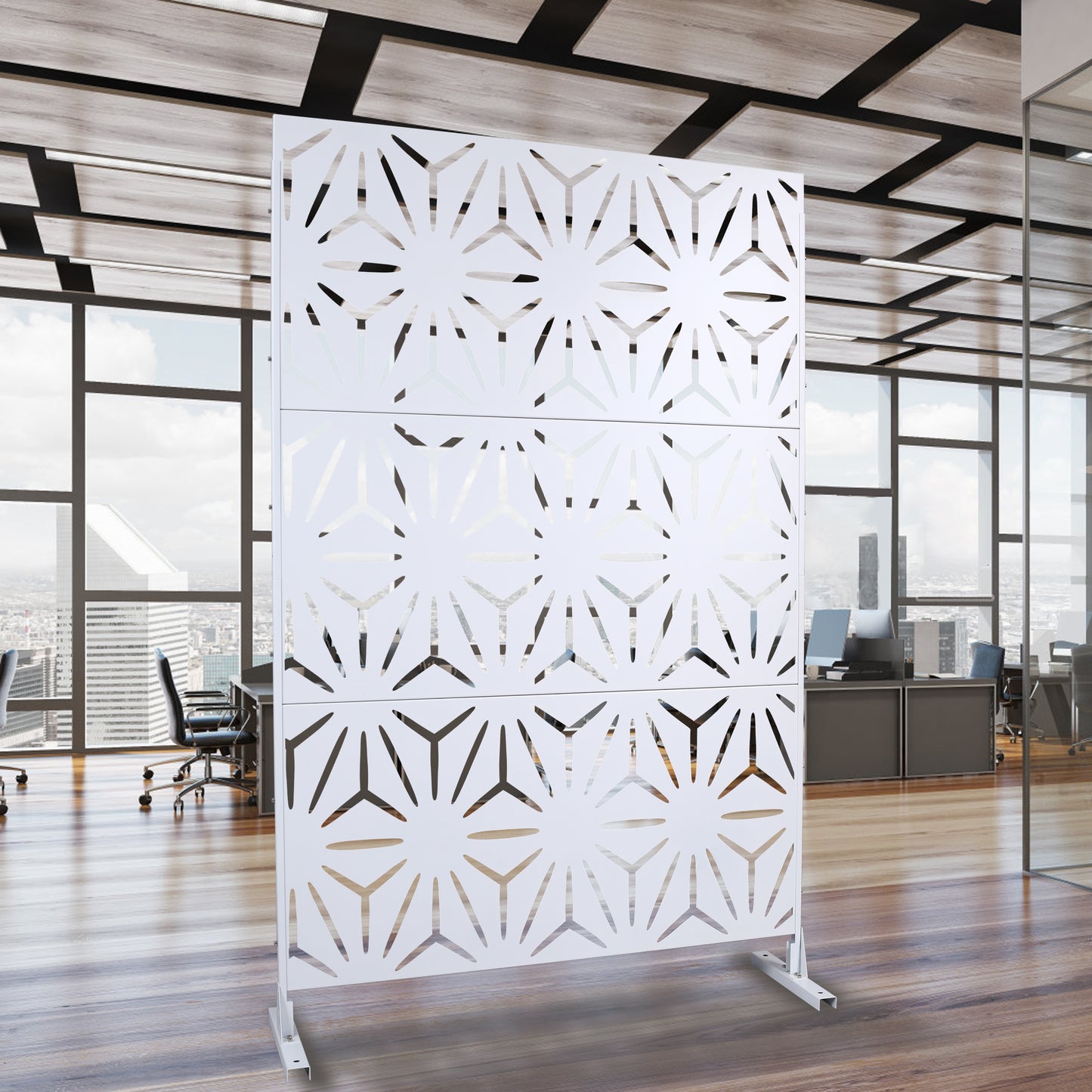 Modern white room divider with geometric lasercut pattern for office spaces