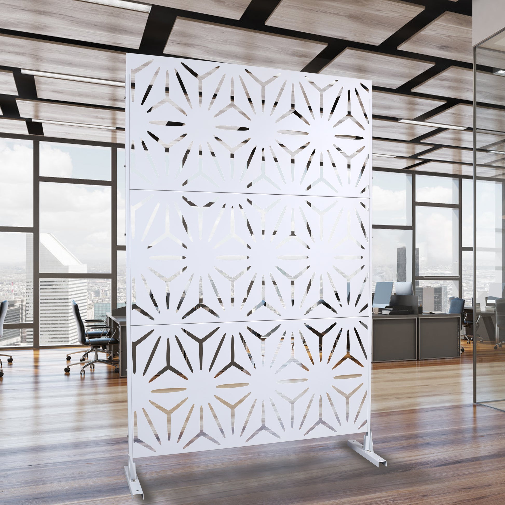 Modern white room divider with geometric lasercut pattern for office spaces