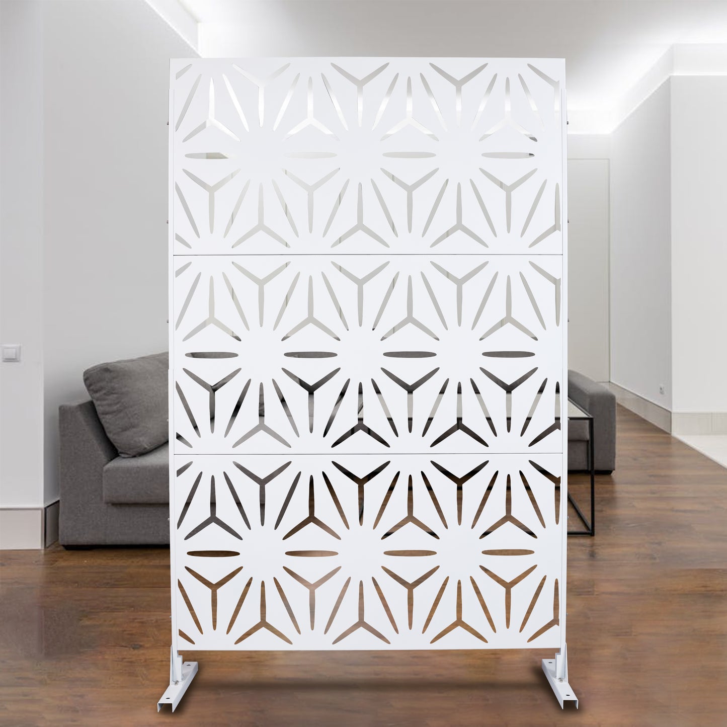 White geometric room divider with modern lasercut pattern  characters