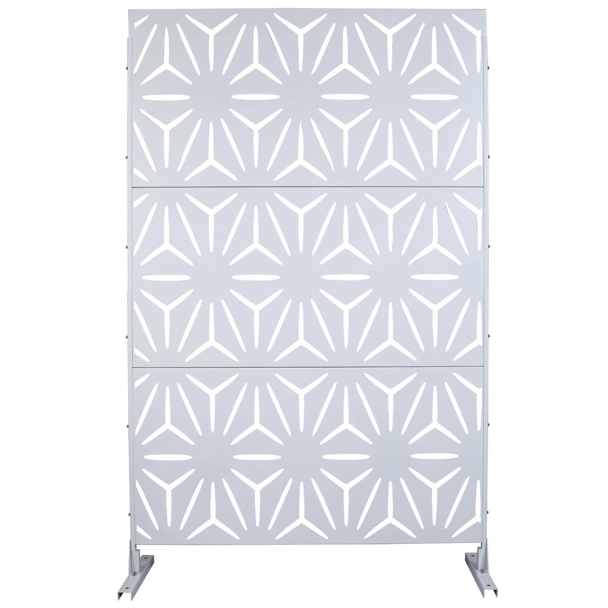 White metal privacy screen with geometric cutouts for garden decor
