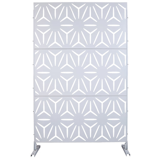 White metal privacy screen with geometric cutouts for garden decor