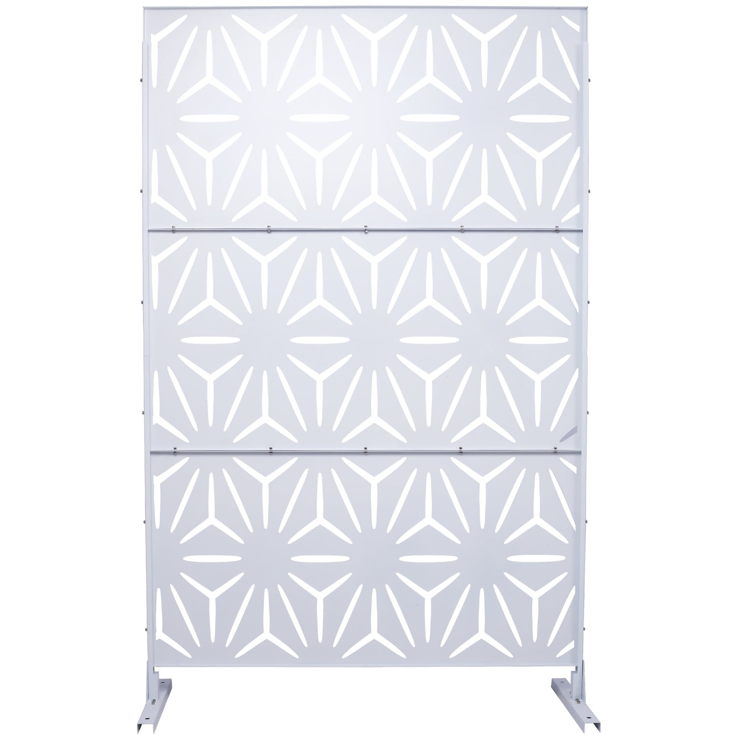 White geometric privacy screen with modern starburst pattern metal construction