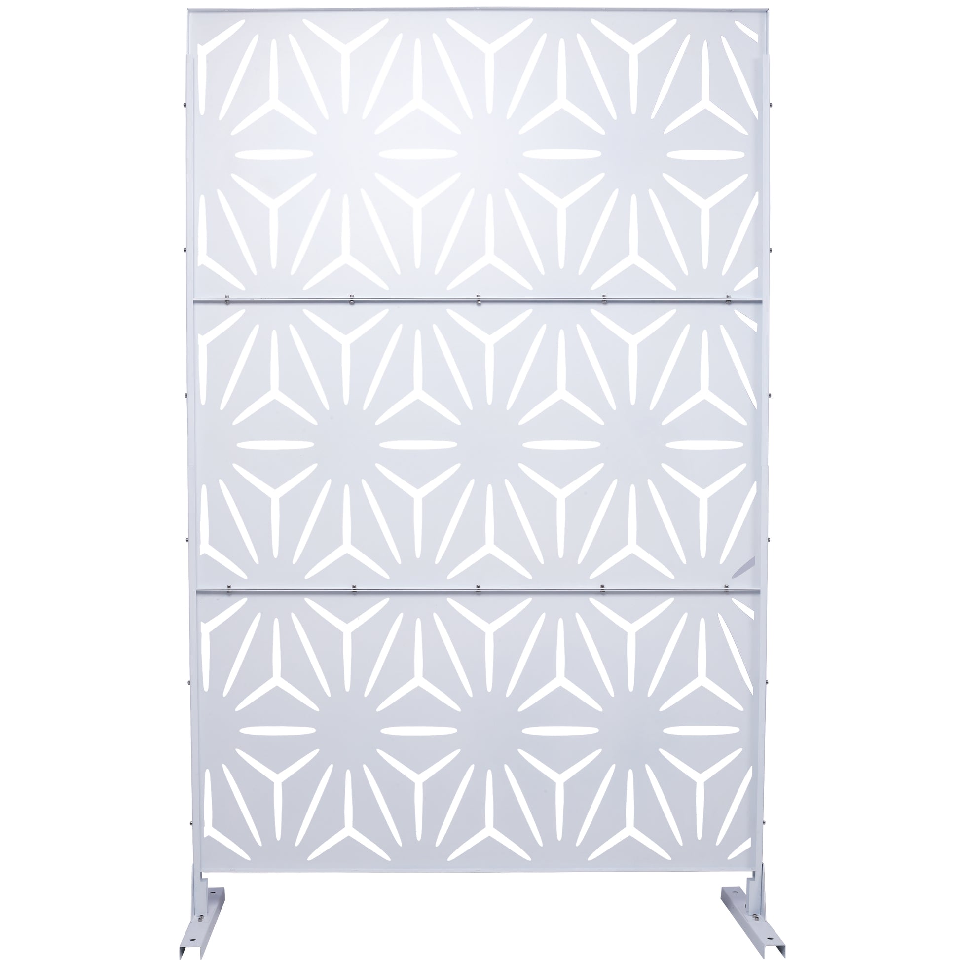 White geometric privacy screen with modern starburst pattern metal construction