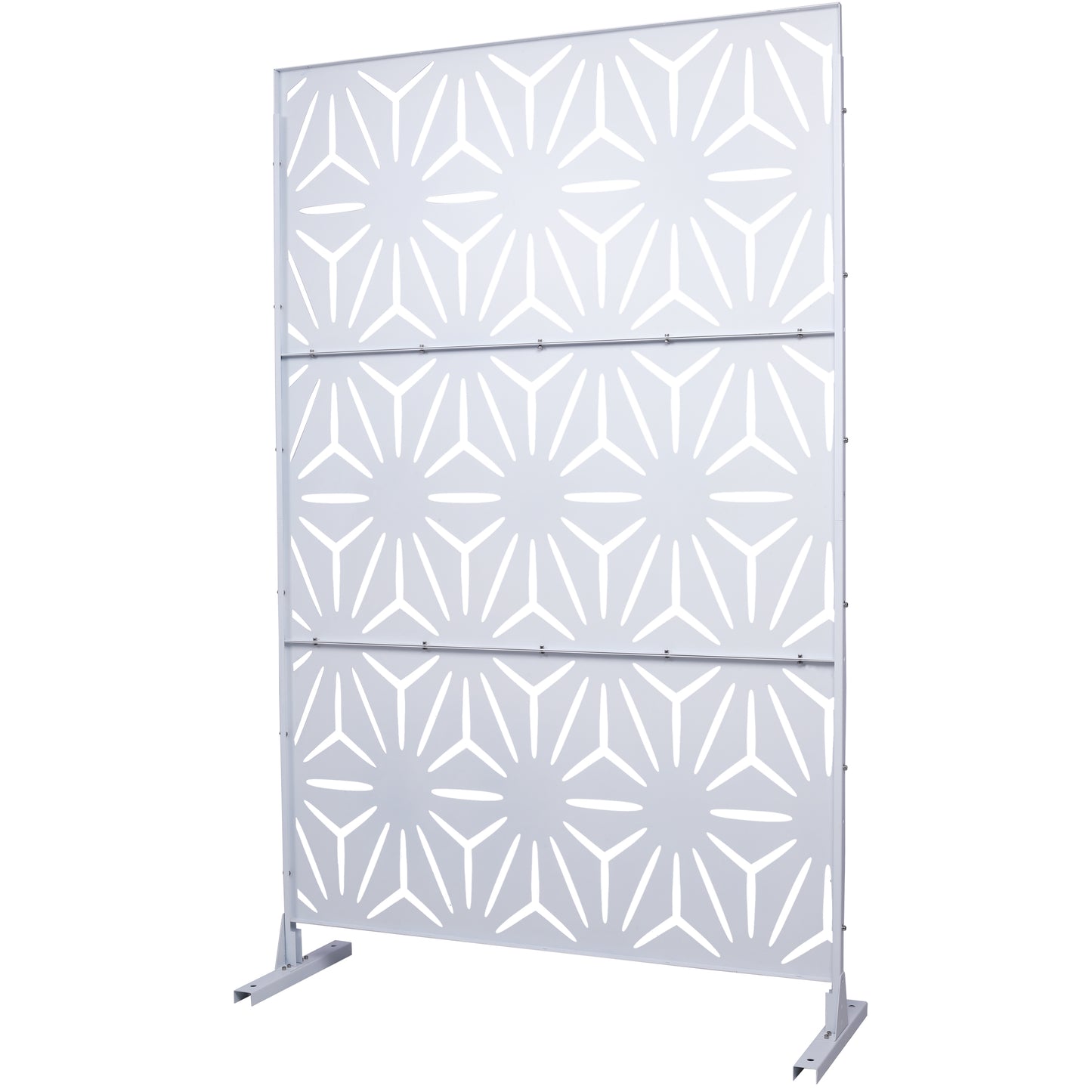 White metal decorative screen with geometric starburst pattern  panels for outdoor privacy