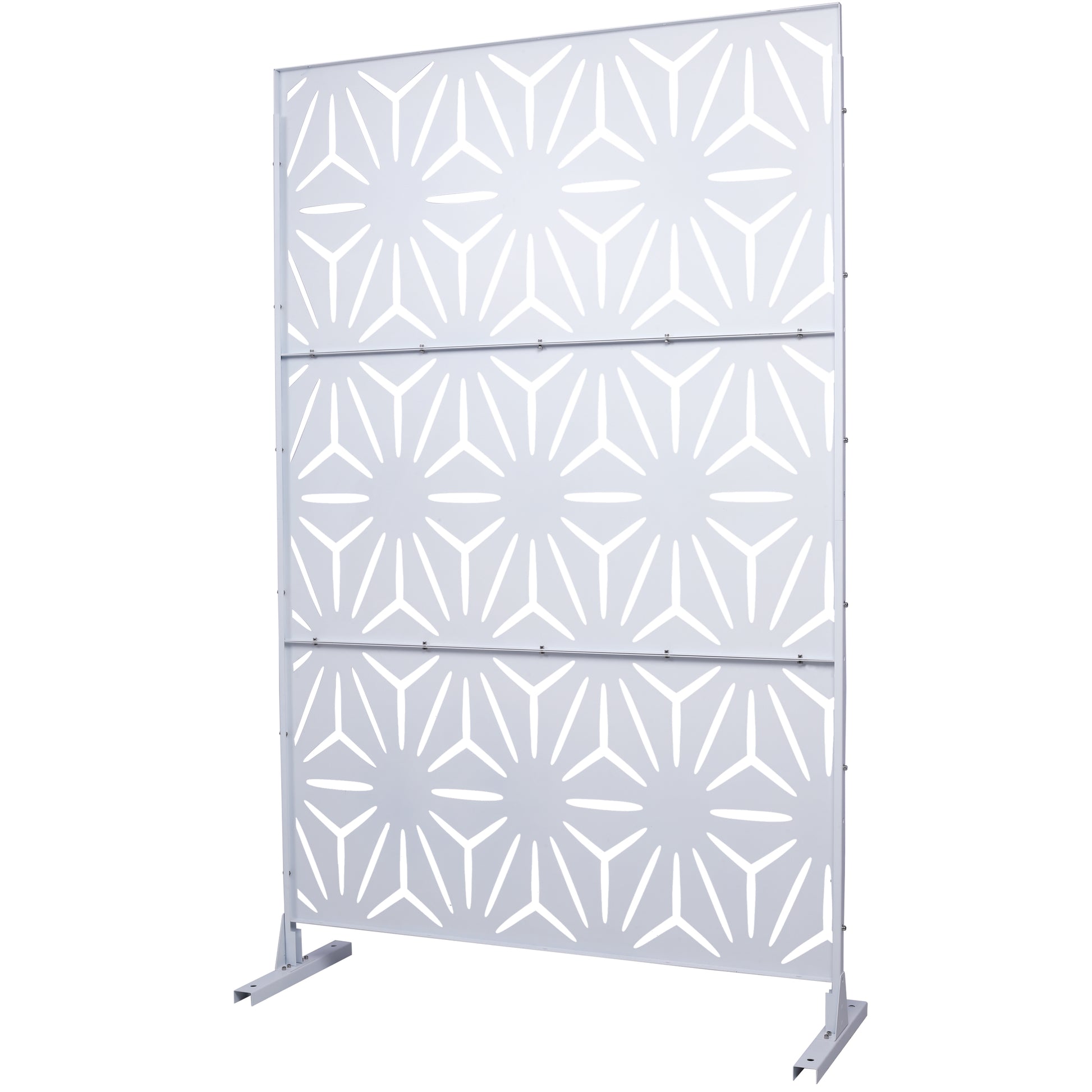 White metal decorative screen with geometric starburst pattern  panels for outdoor privacy