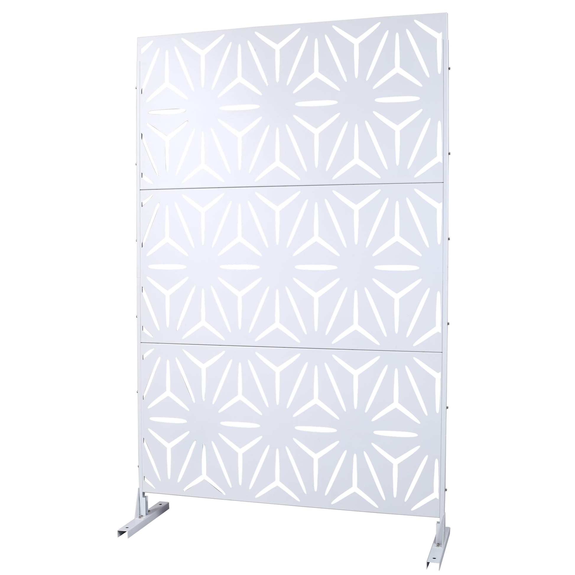 White geometric lasercut metal privacy screen panel for outdoor use