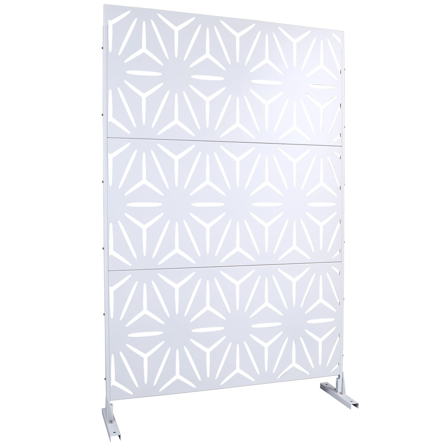 White decorative outdoor screen with geometric star cutouts and metal base