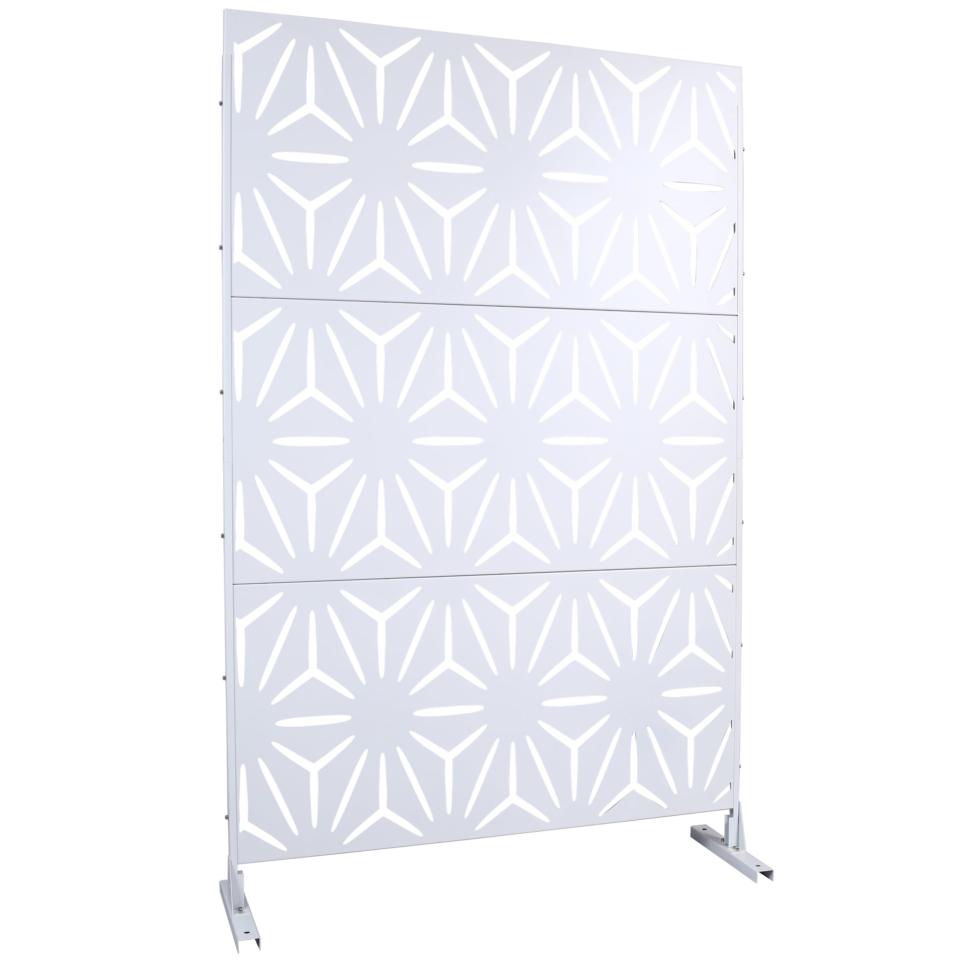 White decorative outdoor screen with geometric star cutouts and metal base