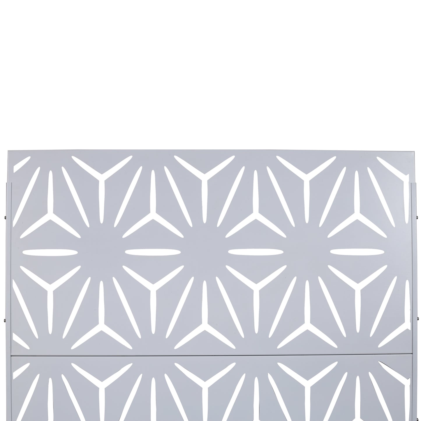 Decorative metal screen panel with a geometric starburst pattern in silver for outdoor use