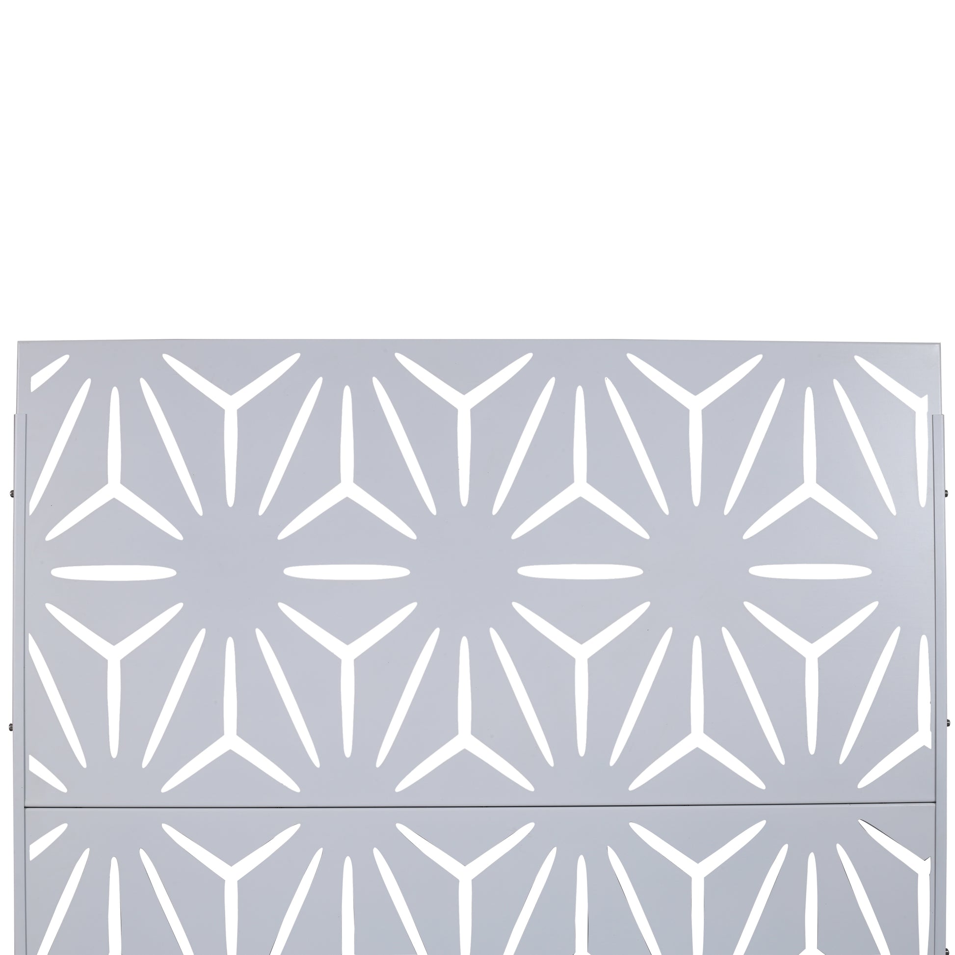 Decorative metal screen panel with a geometric starburst pattern in silver for outdoor use