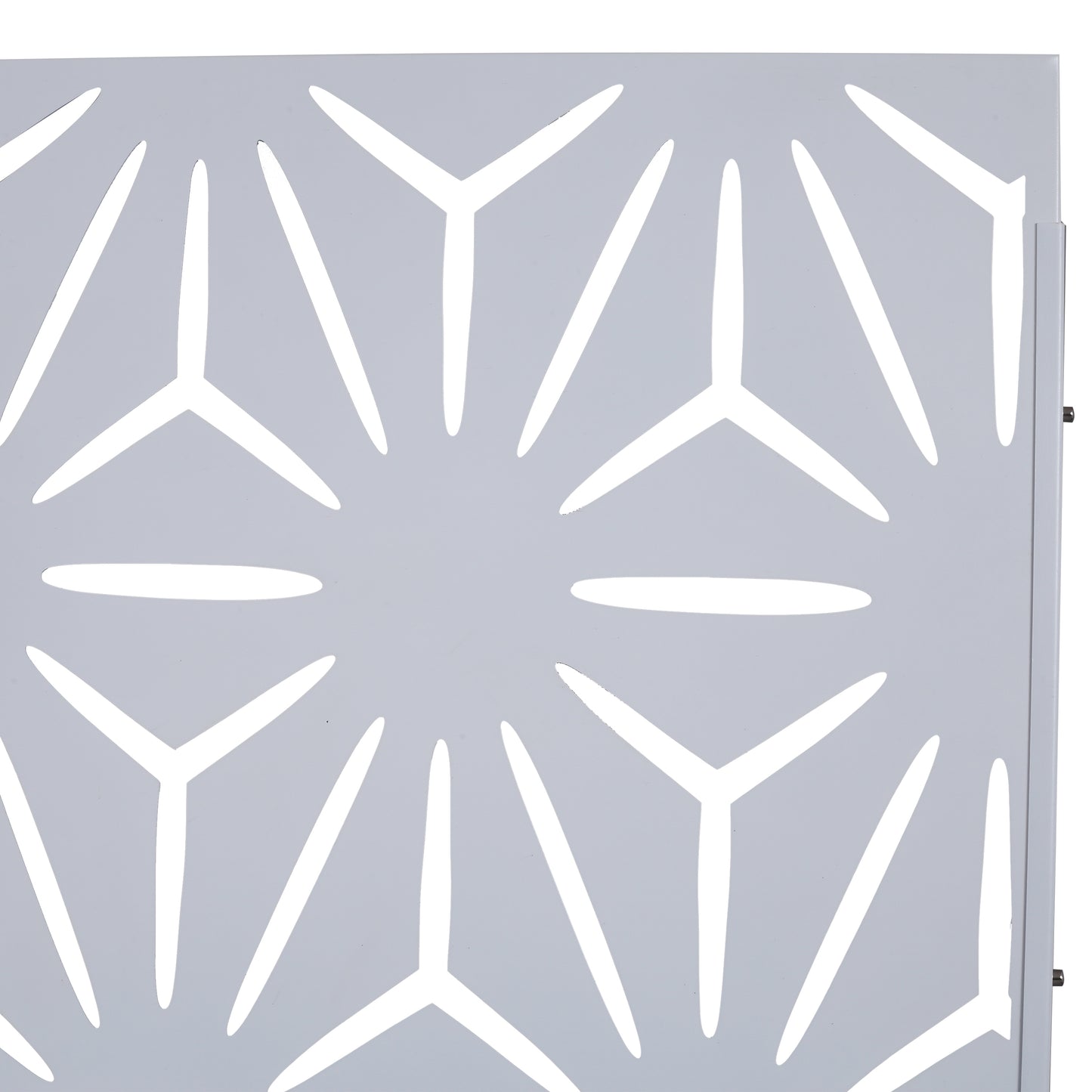 Light gray metal privacy screen with a geometric starburst pattern
