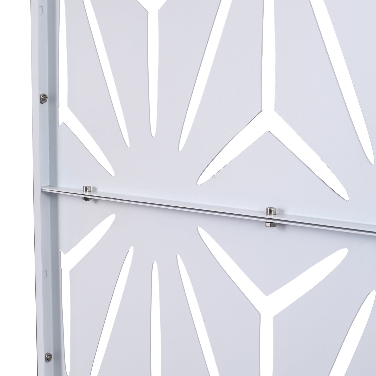 Closeup of a white decorative metal screen with a geometric pattern