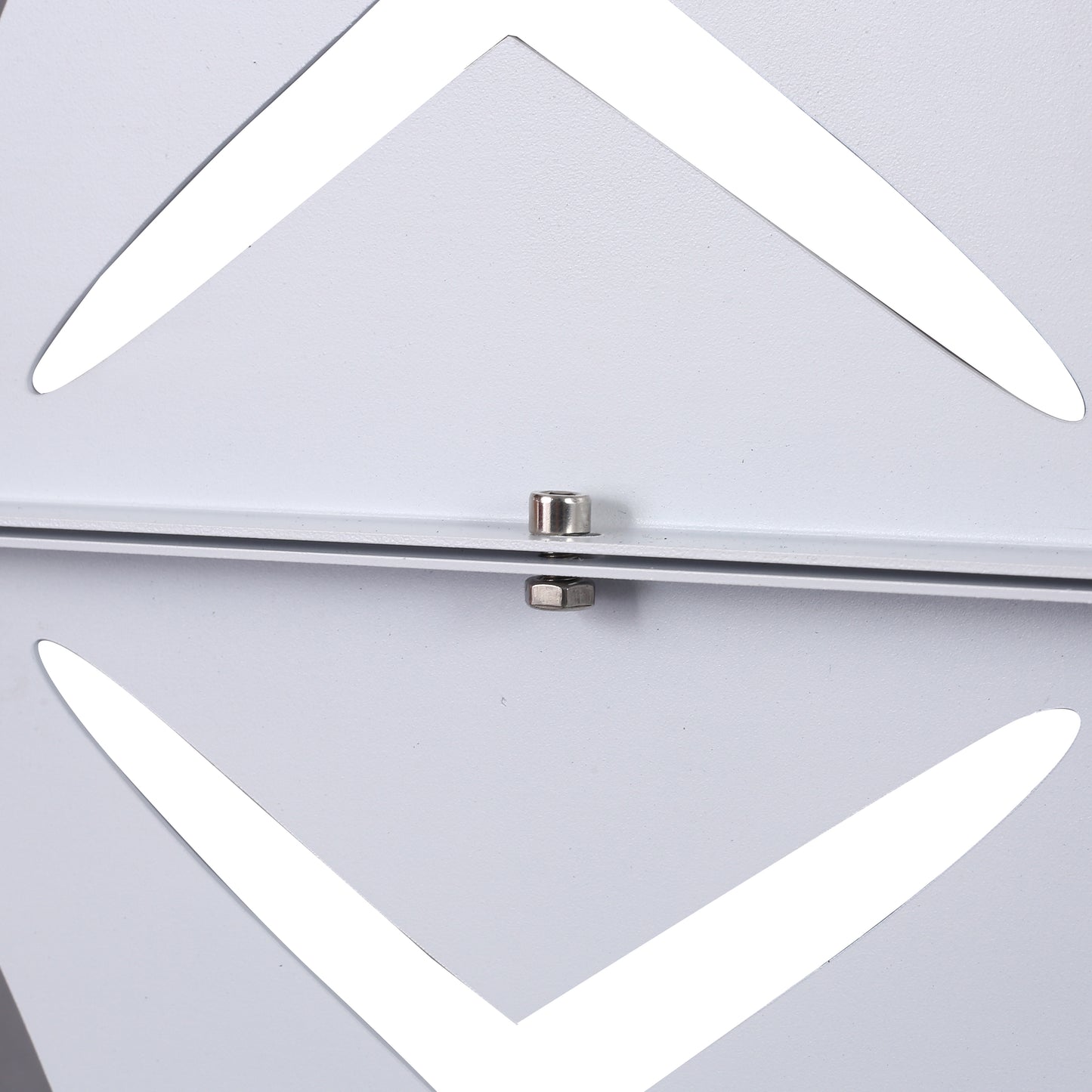 Modern white perforated metal panel with geometric cutouts and bolt detail