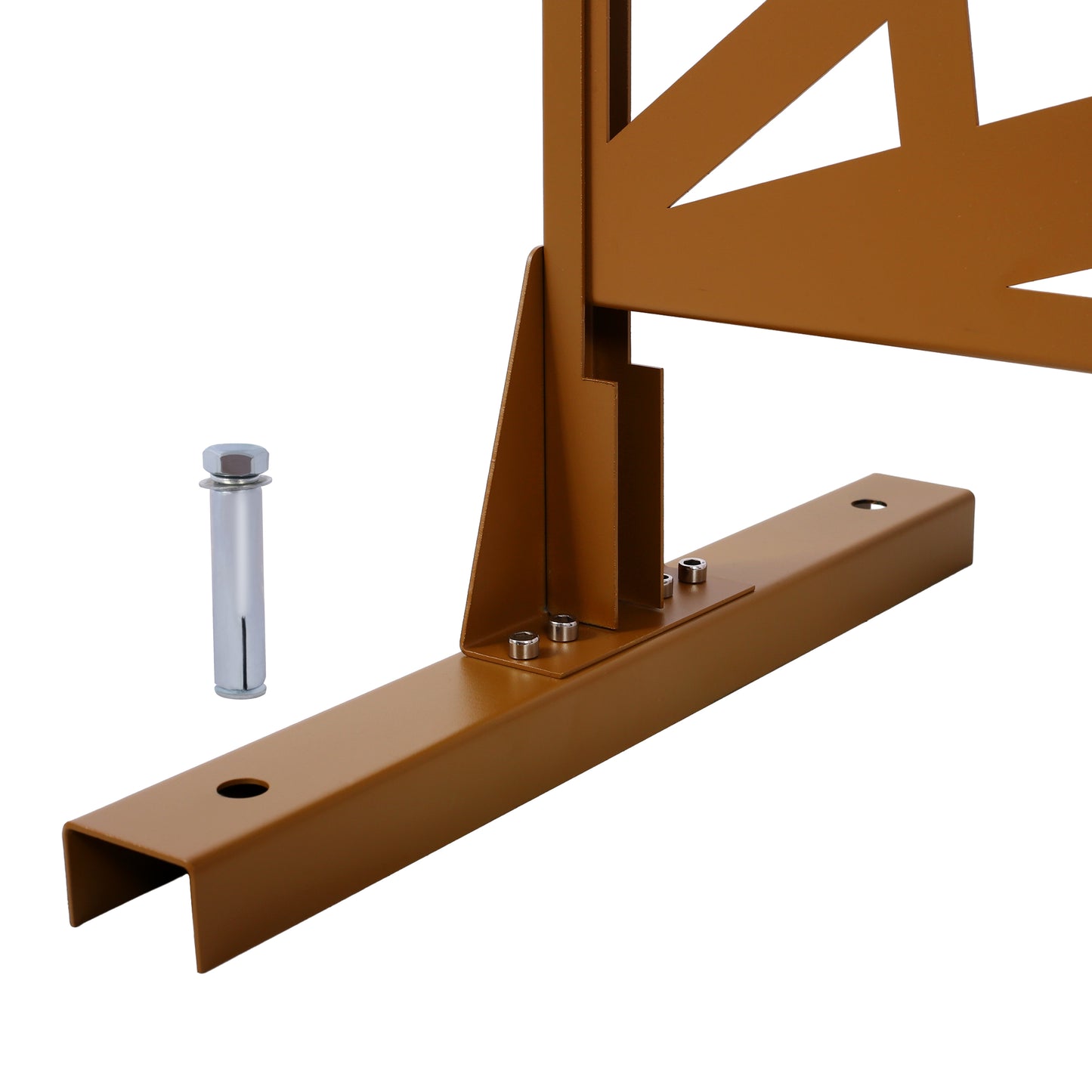 Brown metal fence post bracket with bolt and anchor hardware
