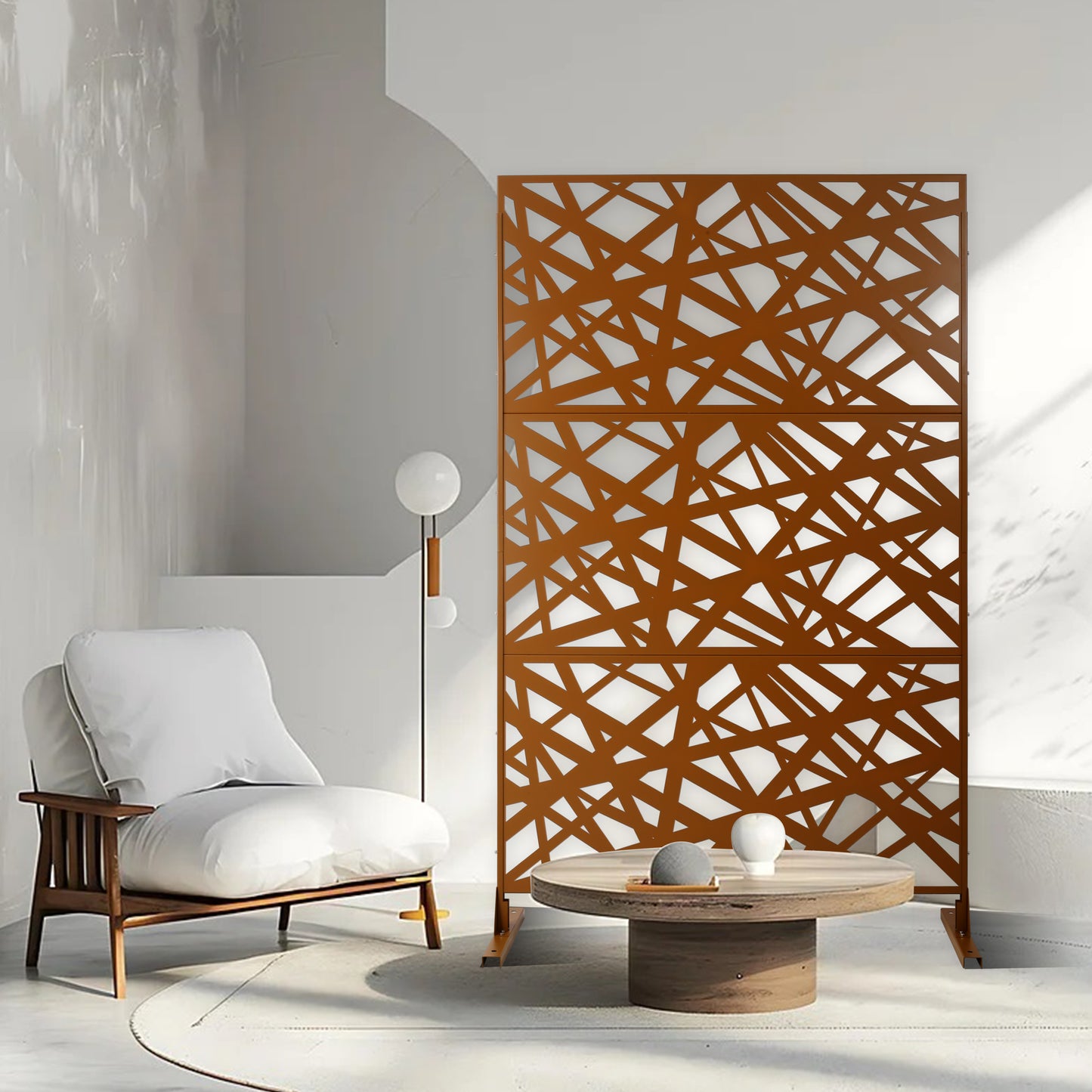 Rustcolored metal room divider with an abstract geometric cutout pattern ideal for modern interiors