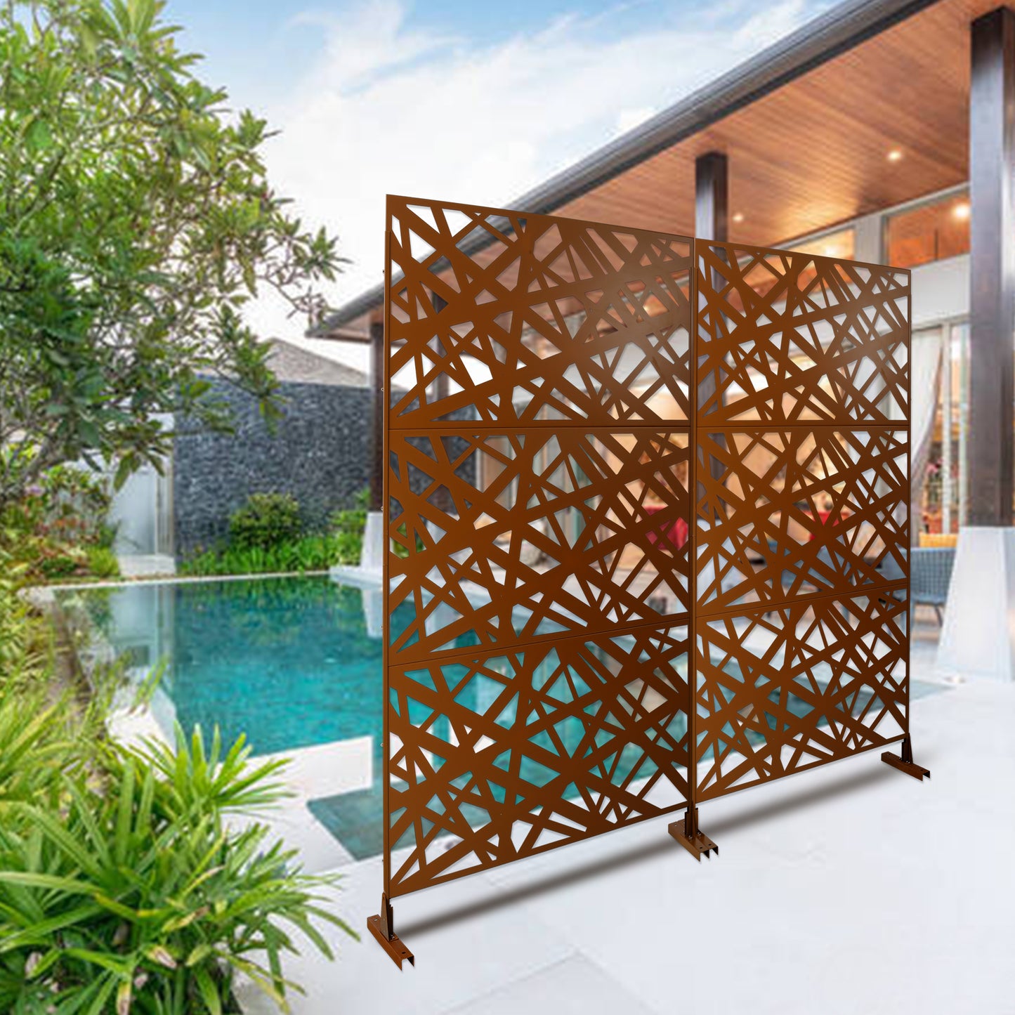 Modern metal garden screen with abstract geometric pattern rust finish