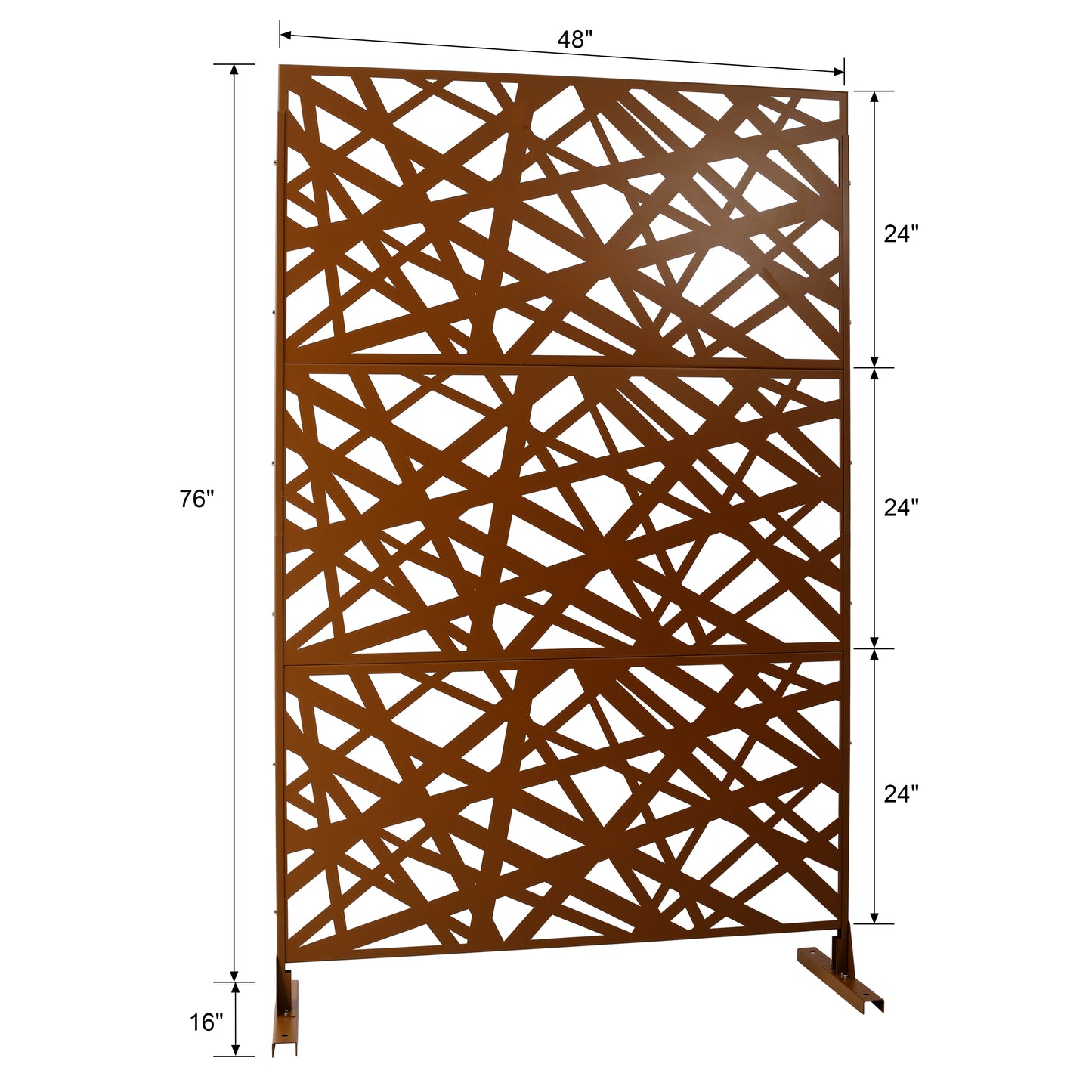 Tall brown metal garden screen with abstract geometric cutouts  inches high
