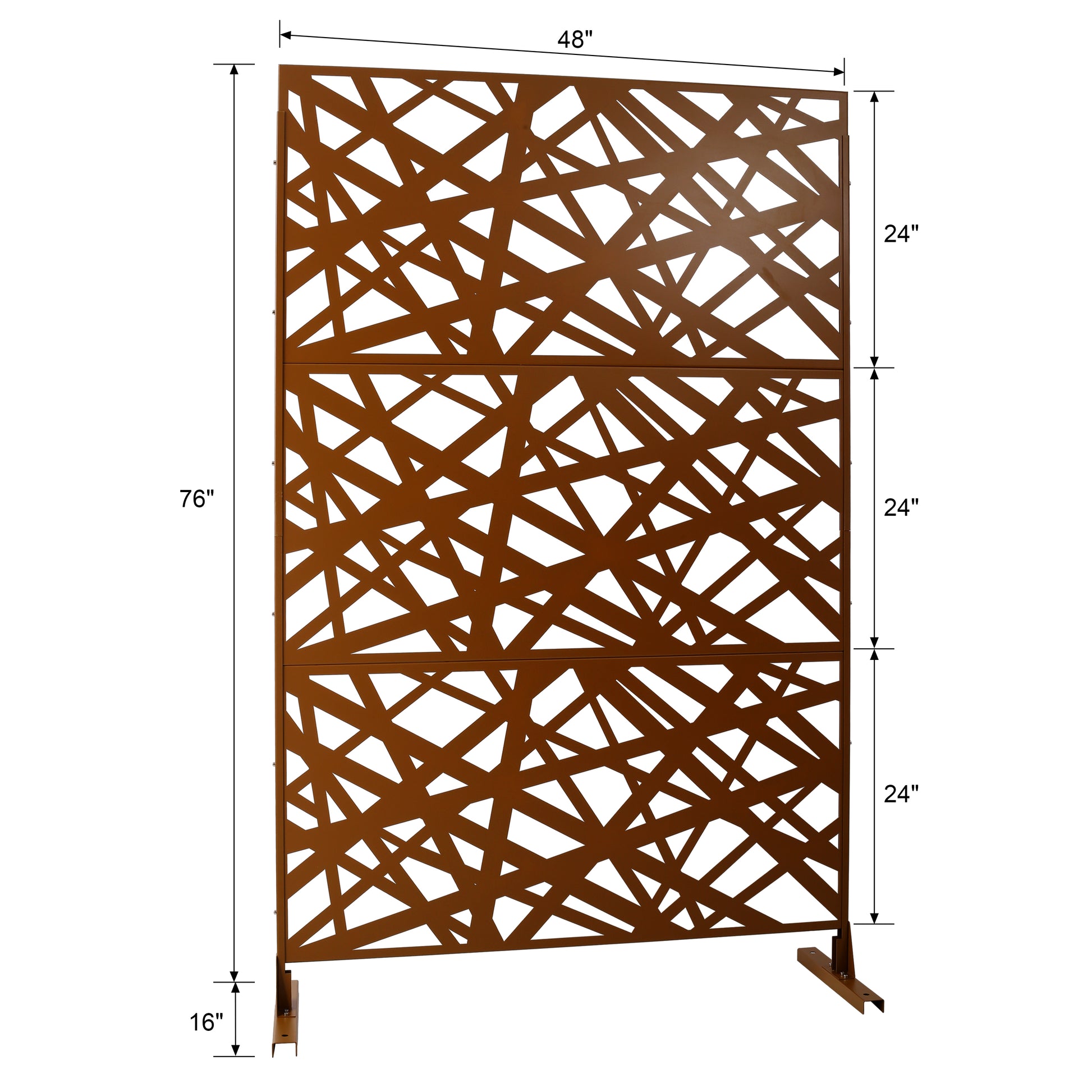 Tall brown metal garden screen with abstract geometric cutouts  inches high