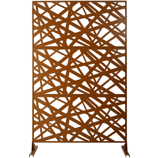 Bronze metal garden screen with abstract geometric cutouts for privacy