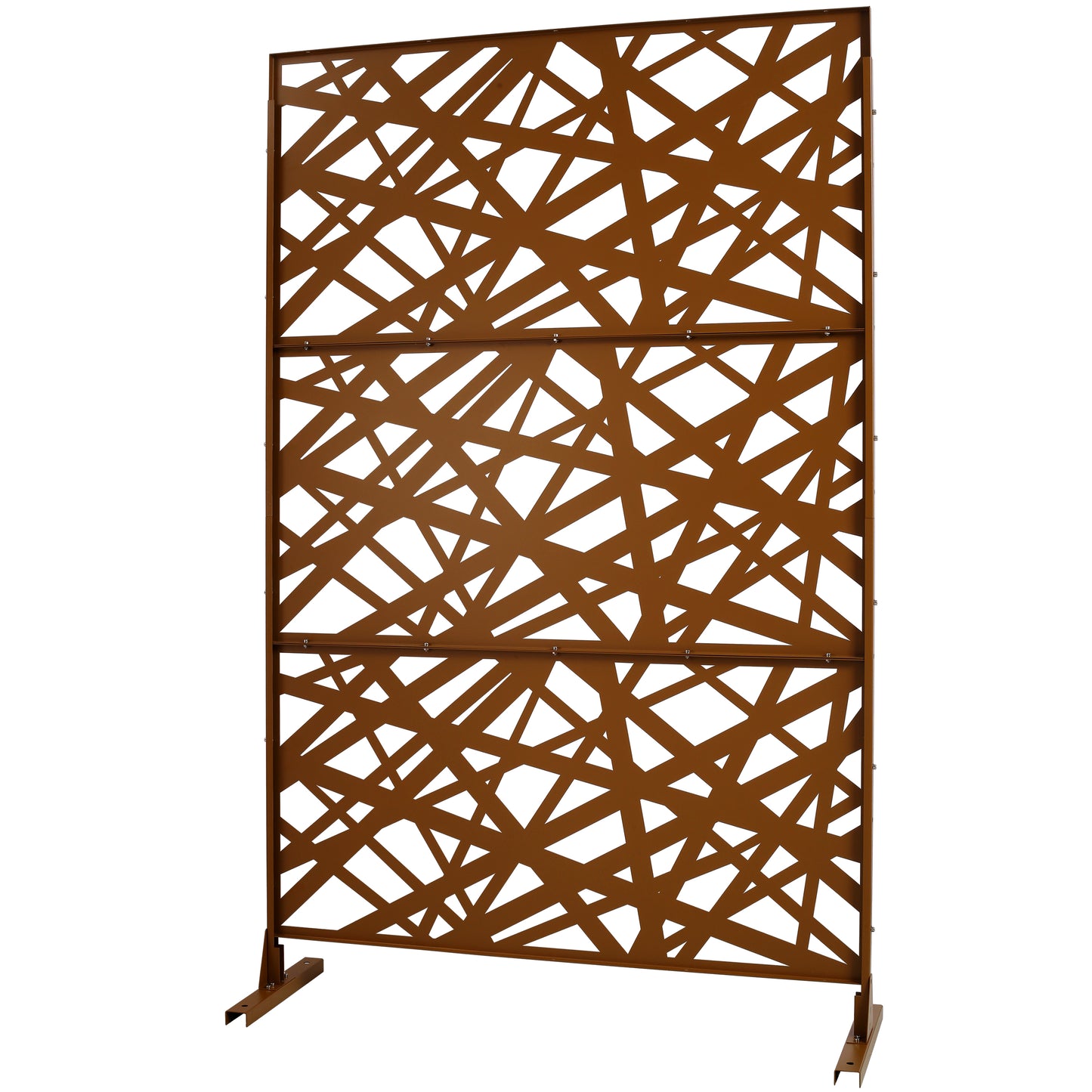 Rustic brown metal garden screen with abstract geometric pattern and base supports