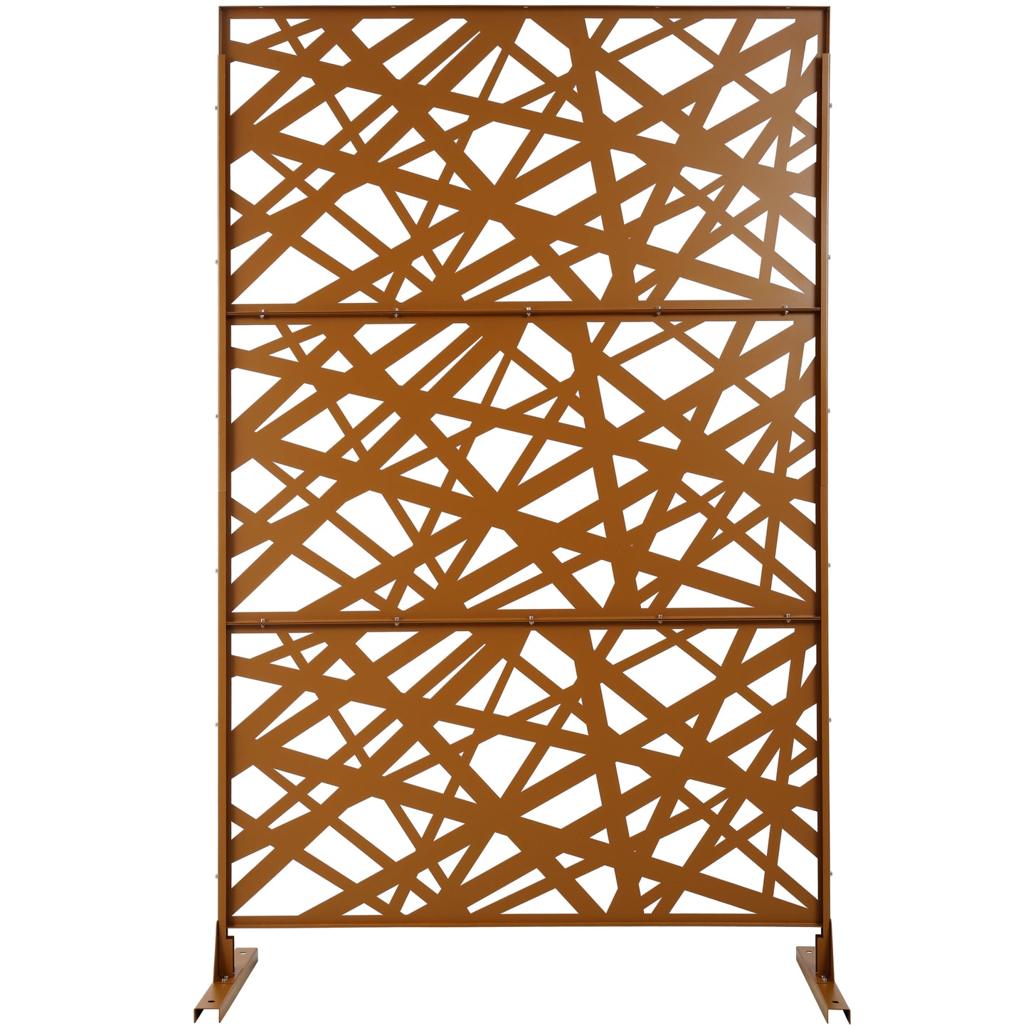 Bronze metal garden screen with abstract geometric cutouts for privacy
