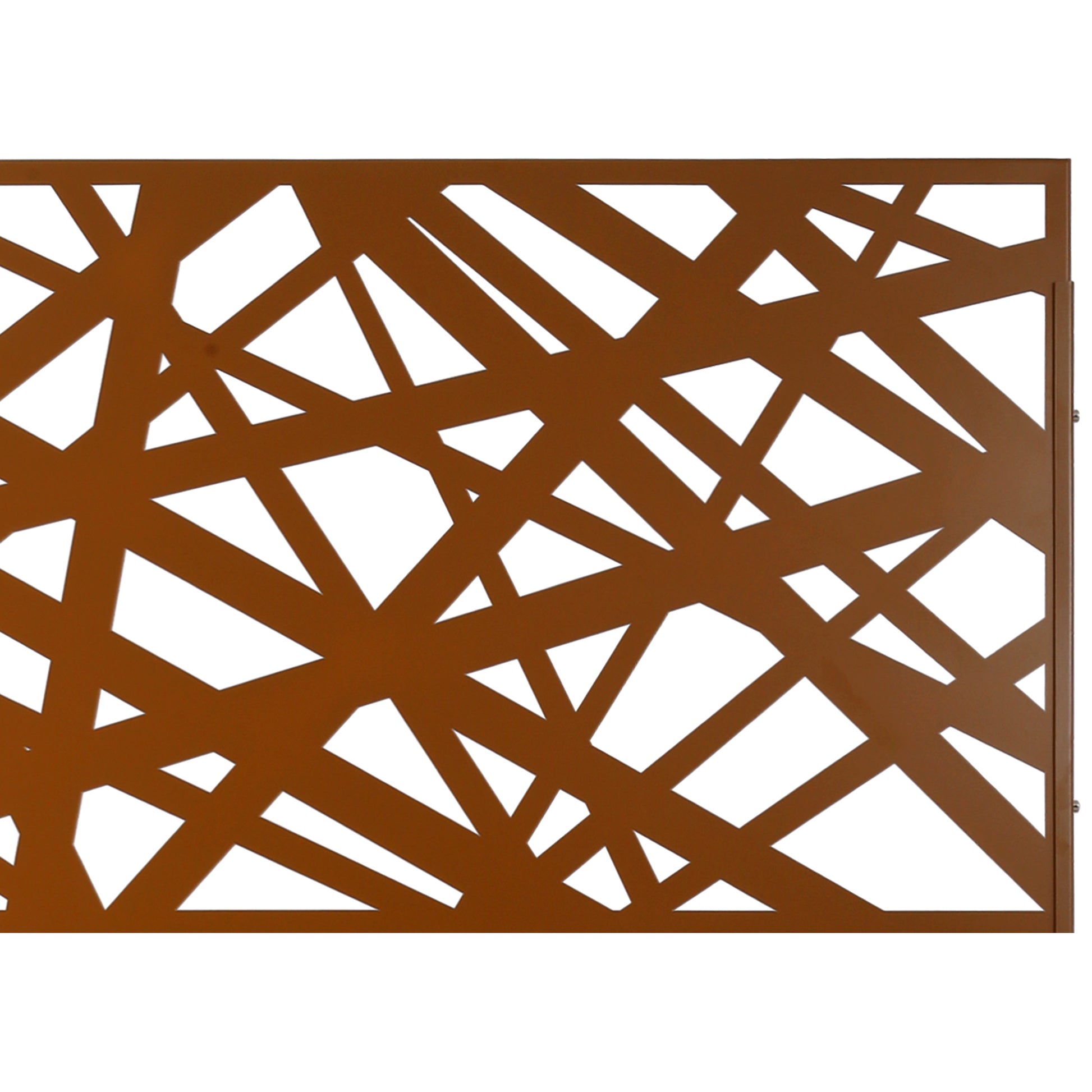 Rusty metal privacy screen with abstract geometric pattern ideal for outdoor decor