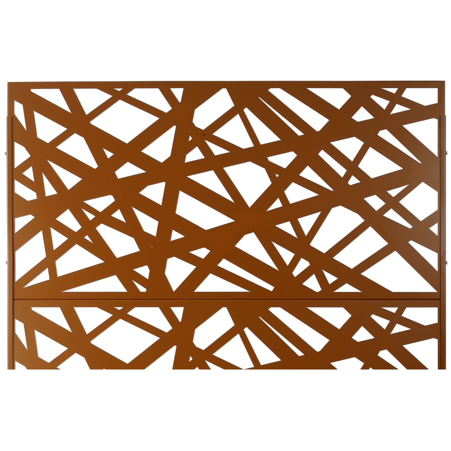 Modern bronze metal privacy screen with abstract geometric pattern for patios