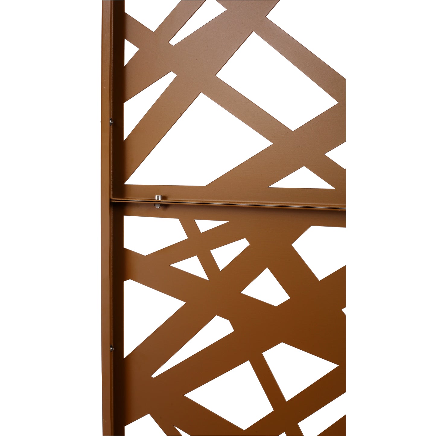 Rusty metal garden screen with abstract geometric cutouts
