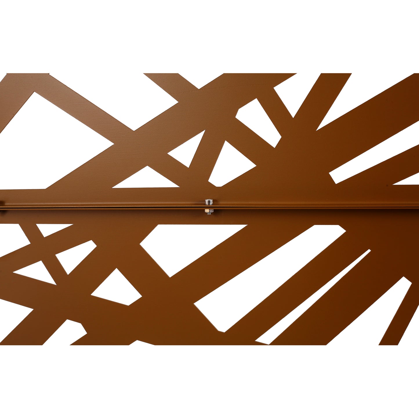 Bronze metal screen panel with abstract geometric cutouts and a central silver bolt