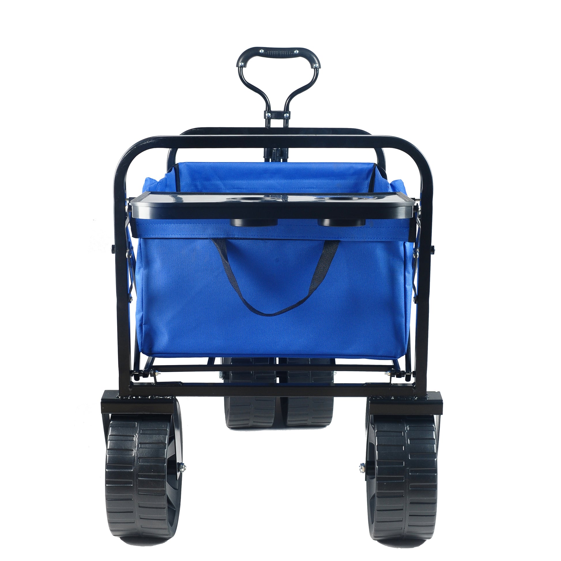 Blue collapsible wagon with cup holders perfect for beach trips