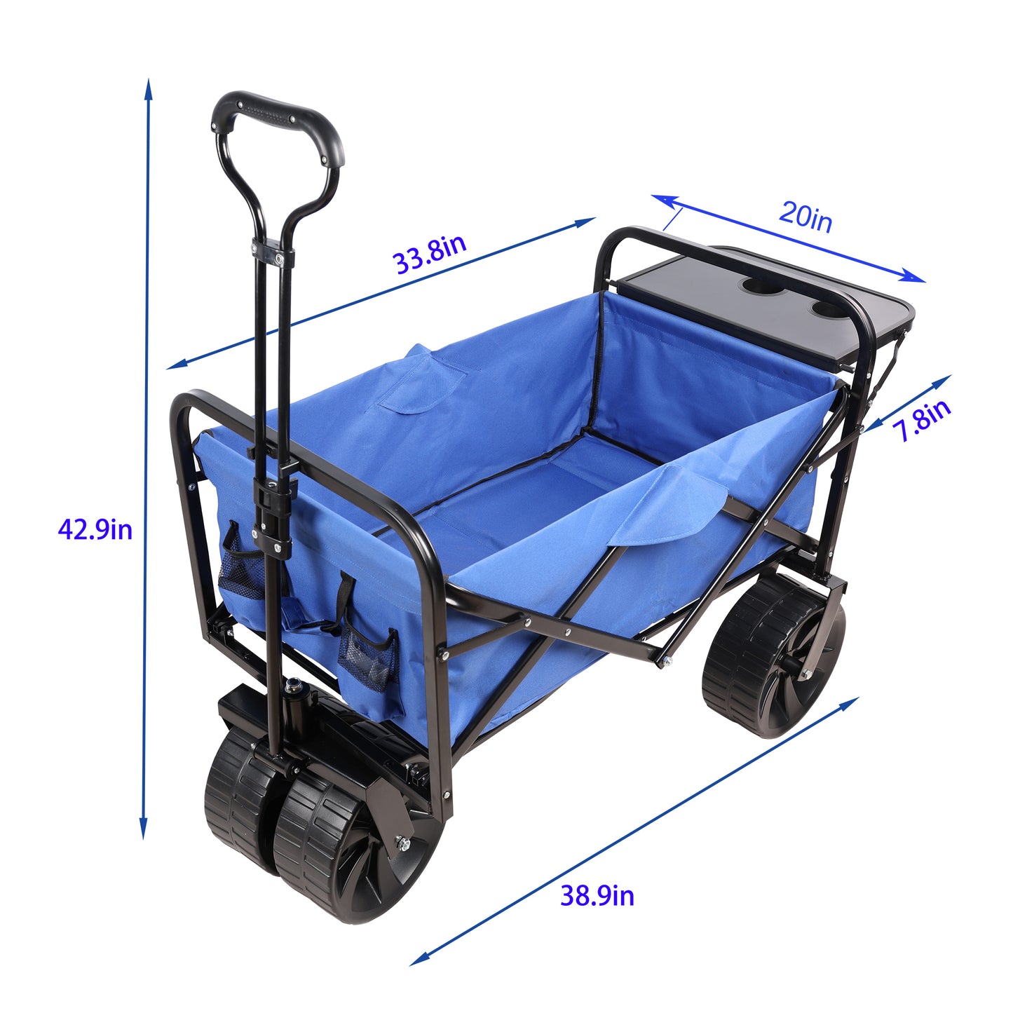 Blue folding wagon with black frame large wheels and builtin cup holders